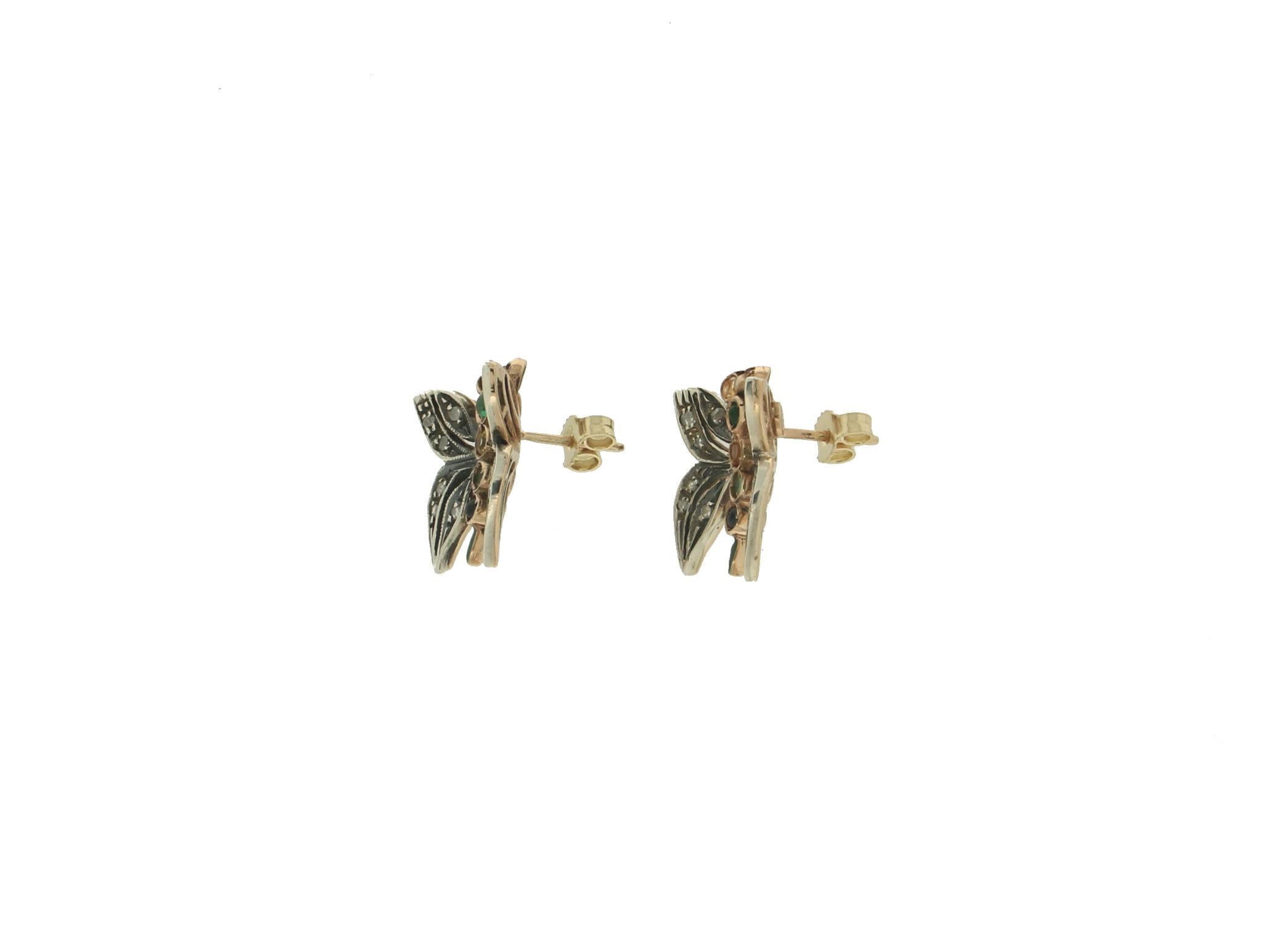 Artisan Handcraft Butterfly 14 Karat Yellow Gold Diamonds Emerald Sapphire Stud Earrings For Sale