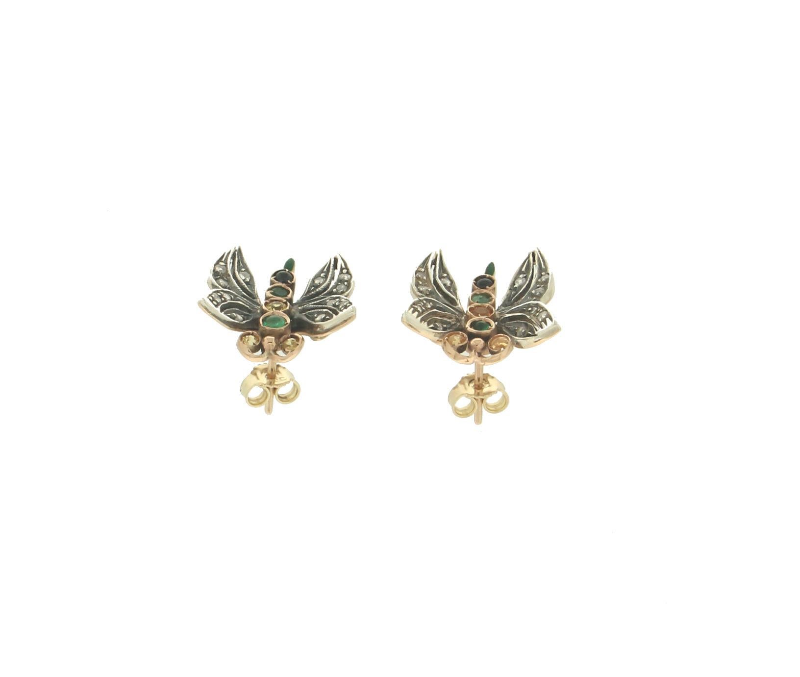 Brilliant Cut Handcraft Butterfly 14 Karat Yellow Gold Diamonds Emerald Sapphire Stud Earrings For Sale