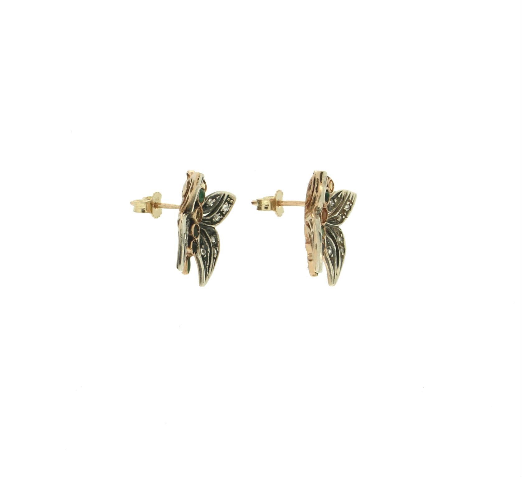 Women's or Men's Handcraft Butterfly 14 Karat Yellow Gold Diamonds Emerald Sapphire Stud Earrings For Sale