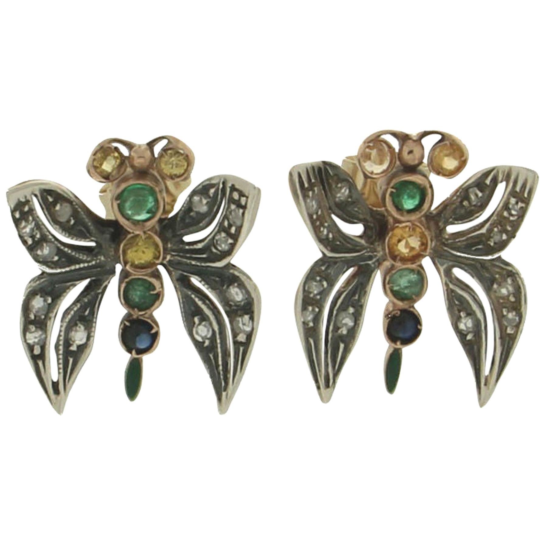 Handcraft Butterfly 14 Karat Yellow Gold Diamonds Emerald Sapphire Stud Earrings For Sale