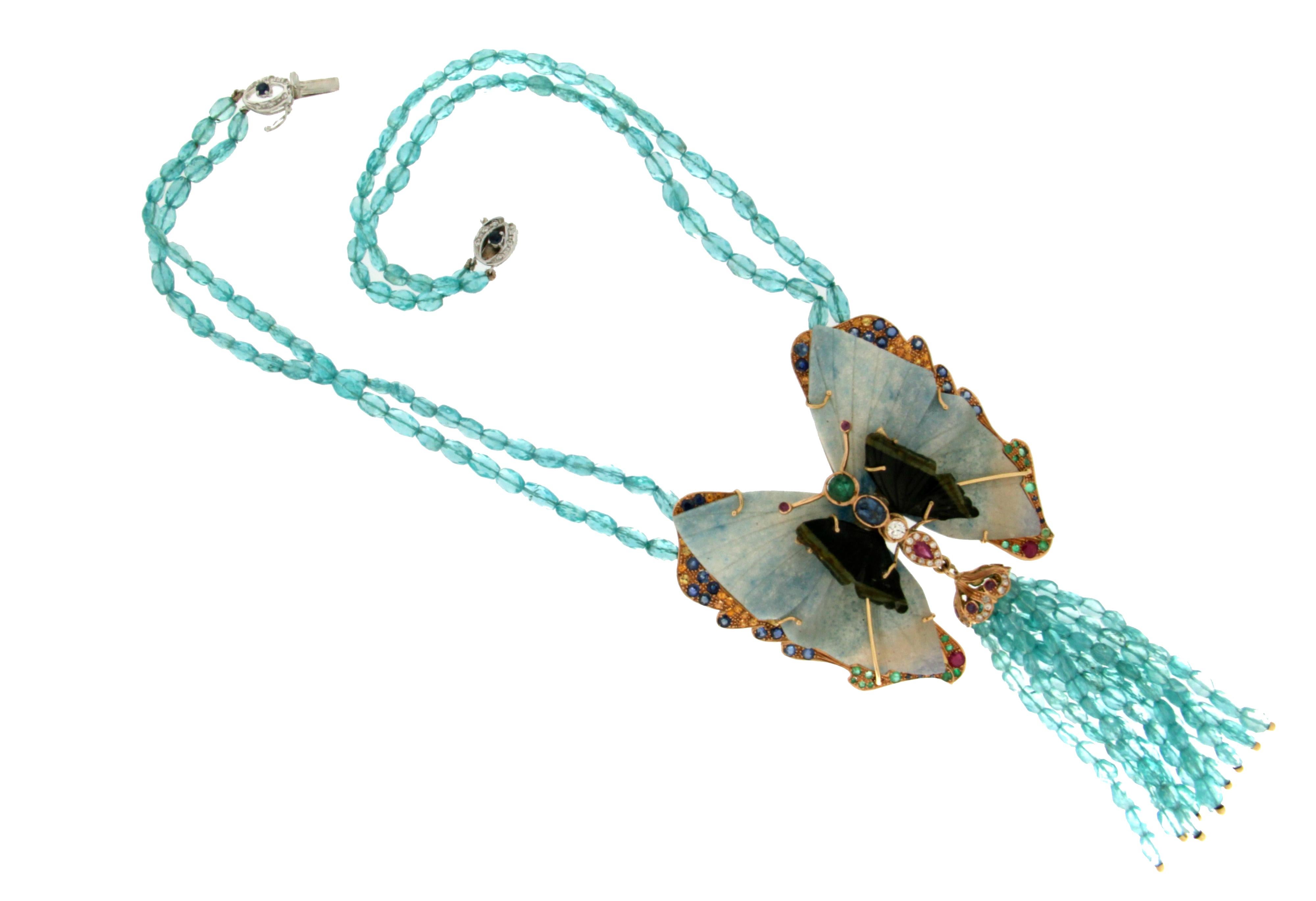 Artigiano Collana artigianale Butterfly in oro giallo 14 carati con diamanti e ovale