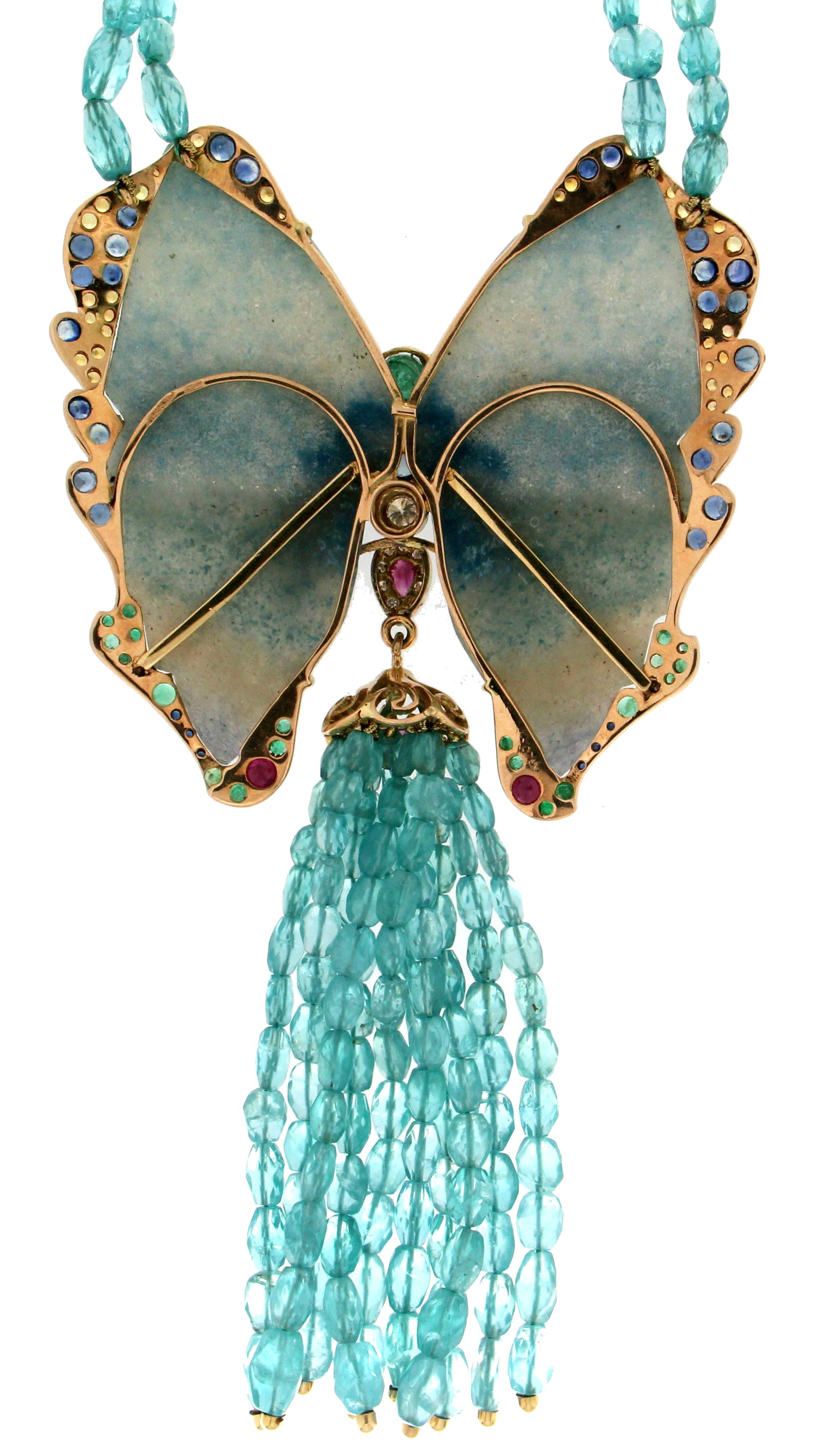 Taglio brillante Collana artigianale Butterfly in oro giallo 14 carati con diamanti e ovale