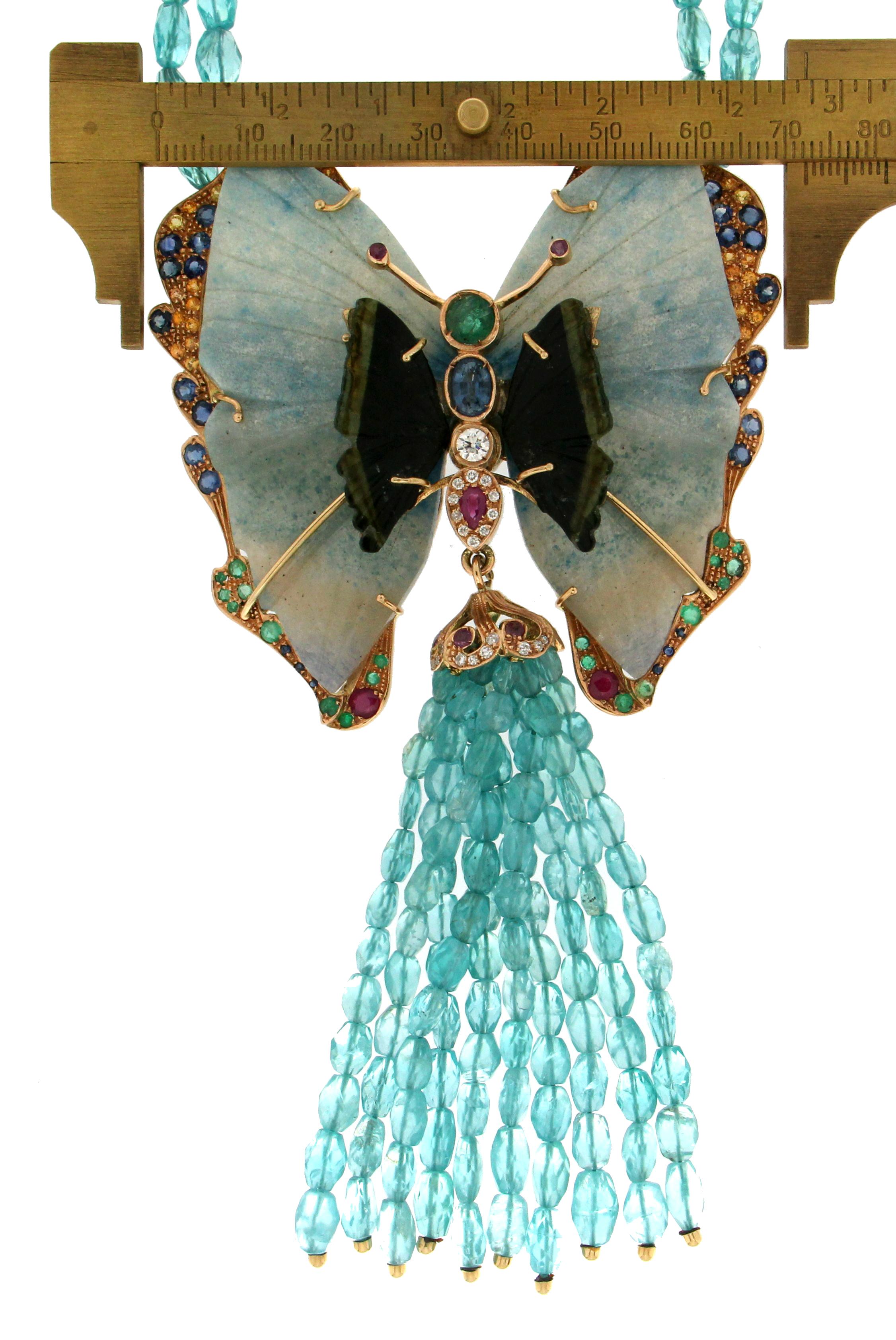 Collana artigianale Butterfly in oro giallo 14 carati con diamanti e ovale In condizioni Nuovo a Marcianise, IT