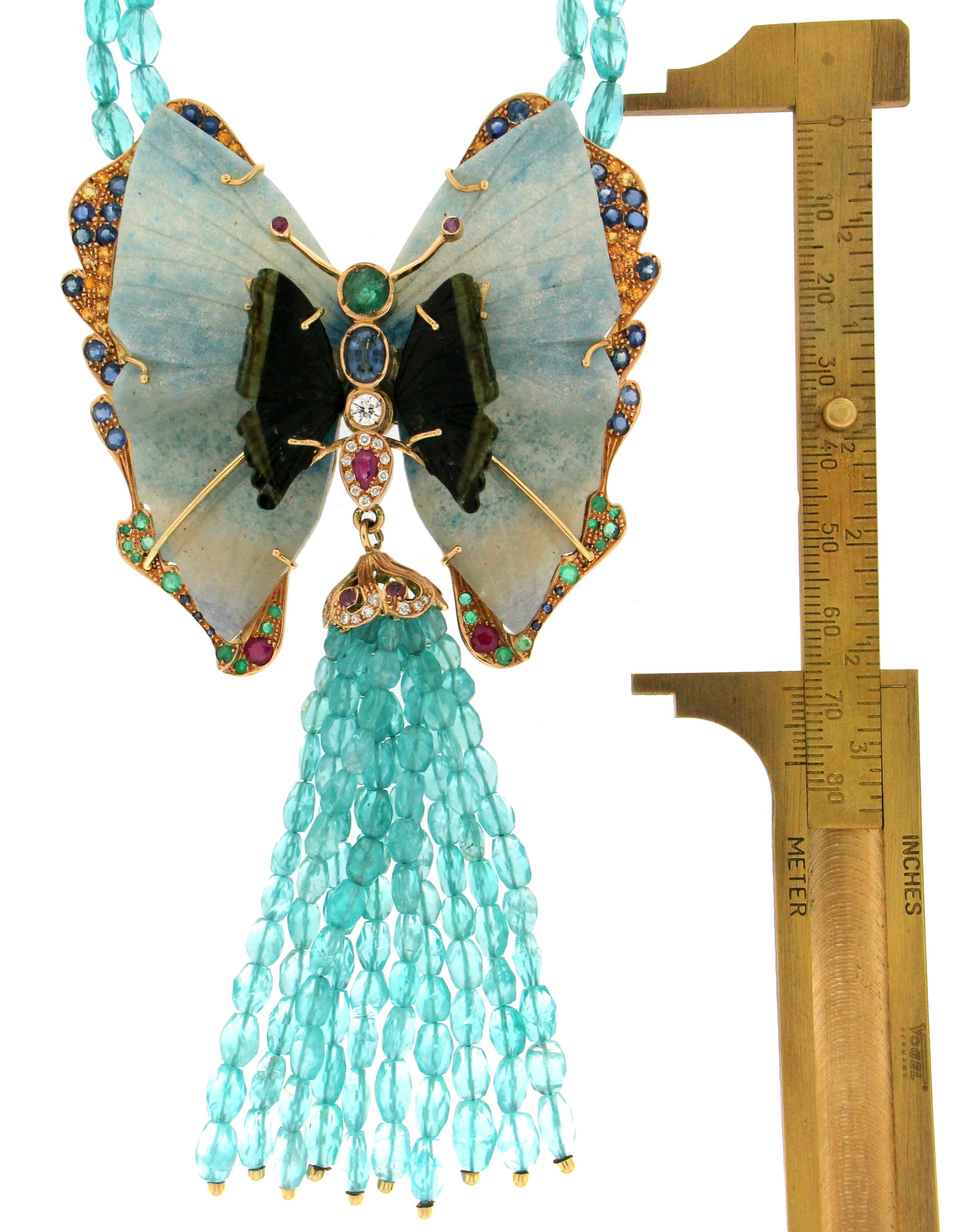 Collana artigianale Butterfly in oro giallo 14 carati con diamanti e ovale 1