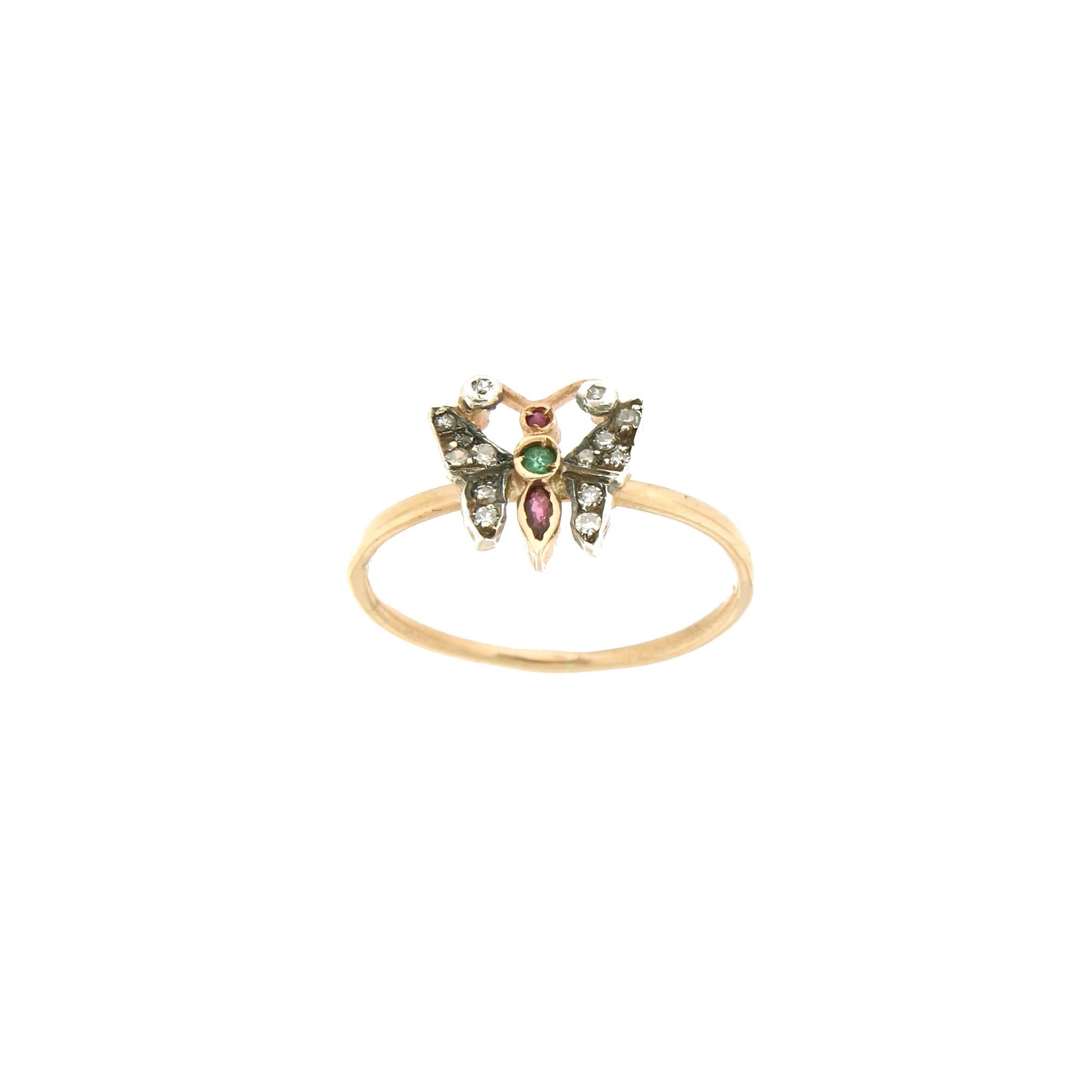 Artisan Handcraft Butterfly 14 Karat Yellow Gold Diamonds Ruby Emerlad Cocktail Ring