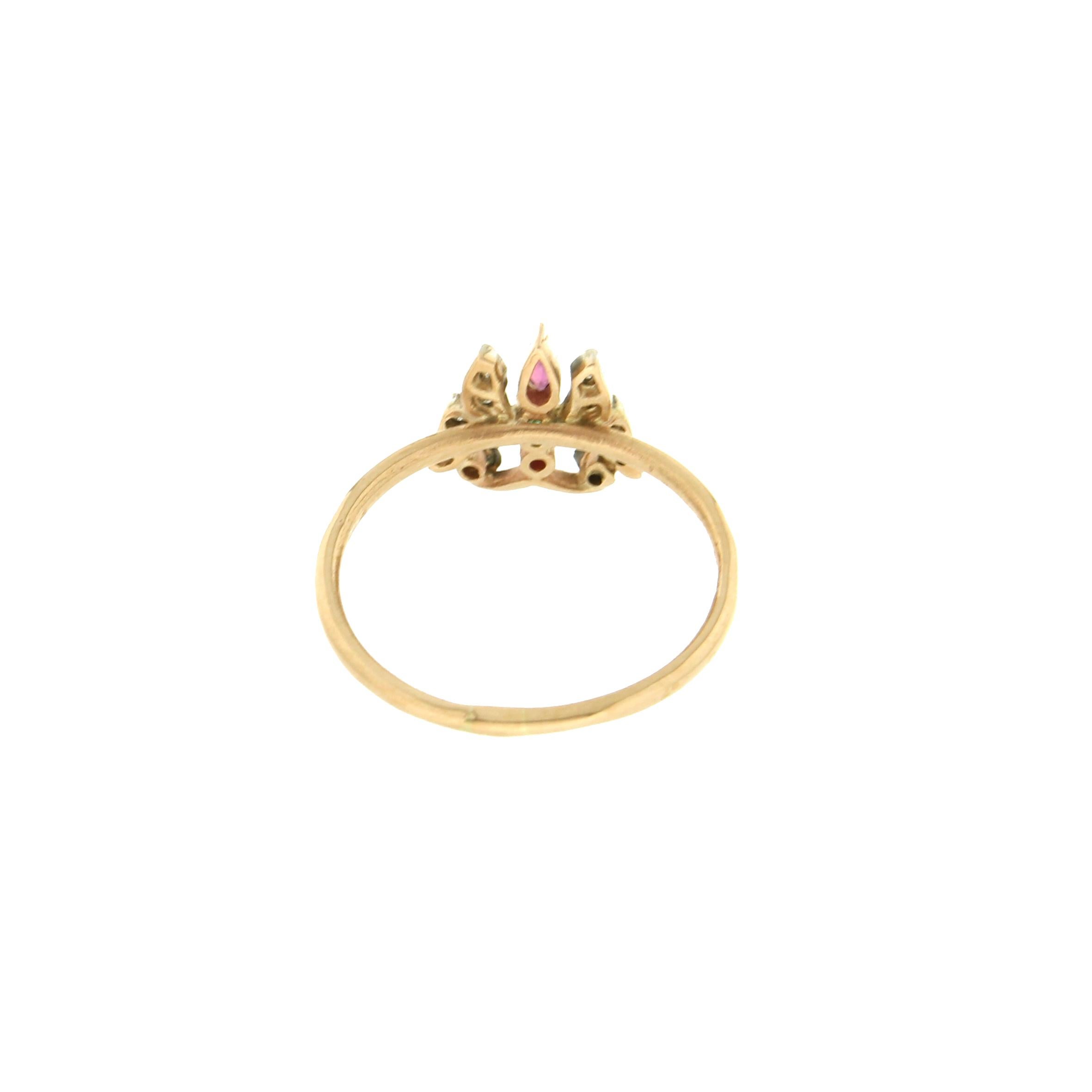 Women's Handcraft Butterfly 14 Karat Yellow Gold Diamonds Ruby Emerlad Cocktail Ring