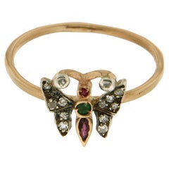 Handcraft Butterfly 14 Karat Yellow Gold Diamonds Ruby Emerlad Cocktail Ring