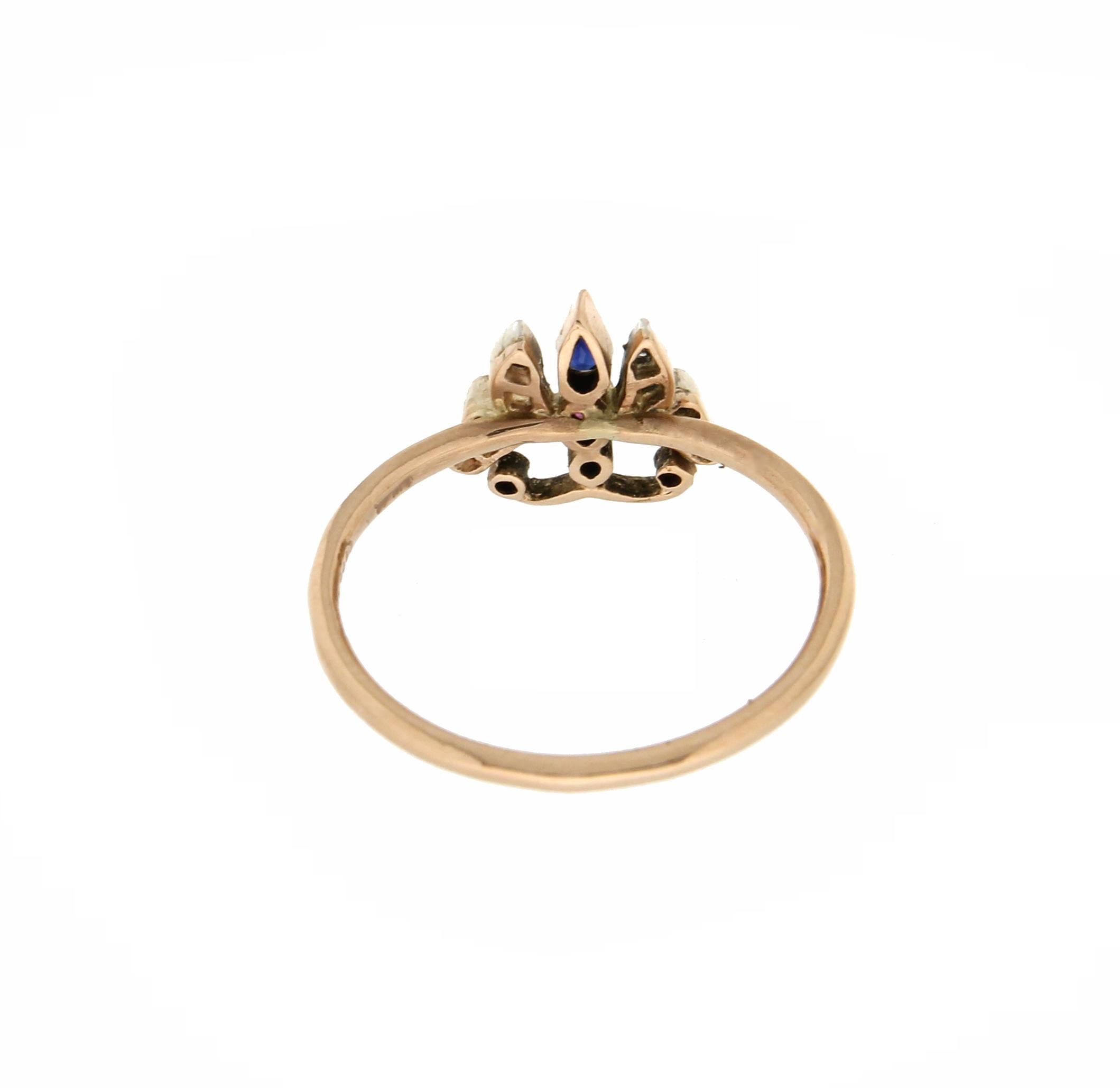 Brilliant Cut Handcraft Butterfly 14 Karat Yellow Gold Diamonds Ruby Sapphire Cocktail Ring