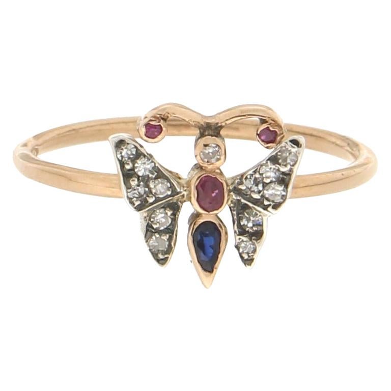 Handcraft Butterfly 14 Karat Yellow Gold Diamonds Ruby Sapphire Cocktail Ring