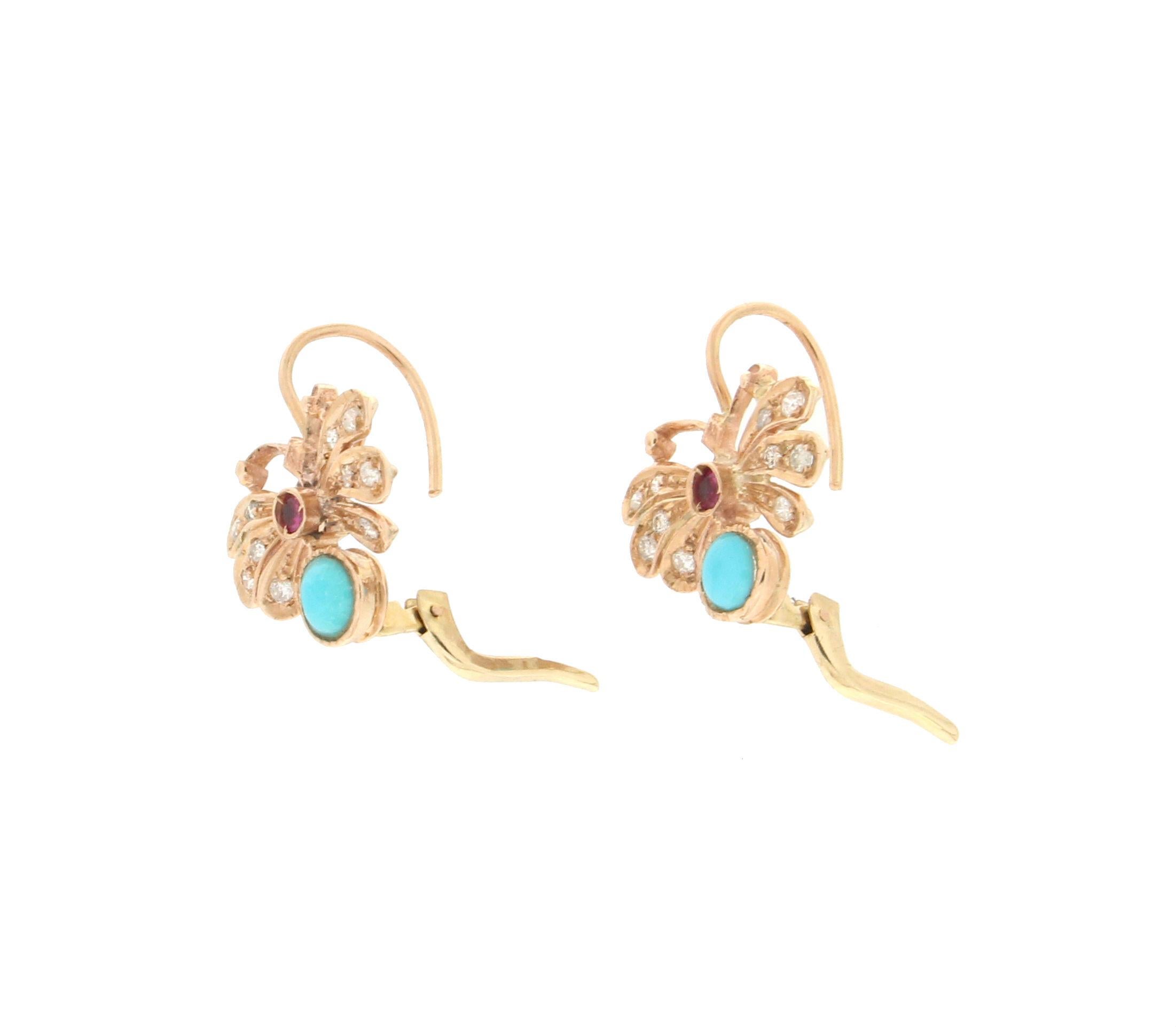 Artisan Handcraft Butterfly 14 Karat Yellow Gold Diamonds Ruby Turquoise Dangle Earrings For Sale