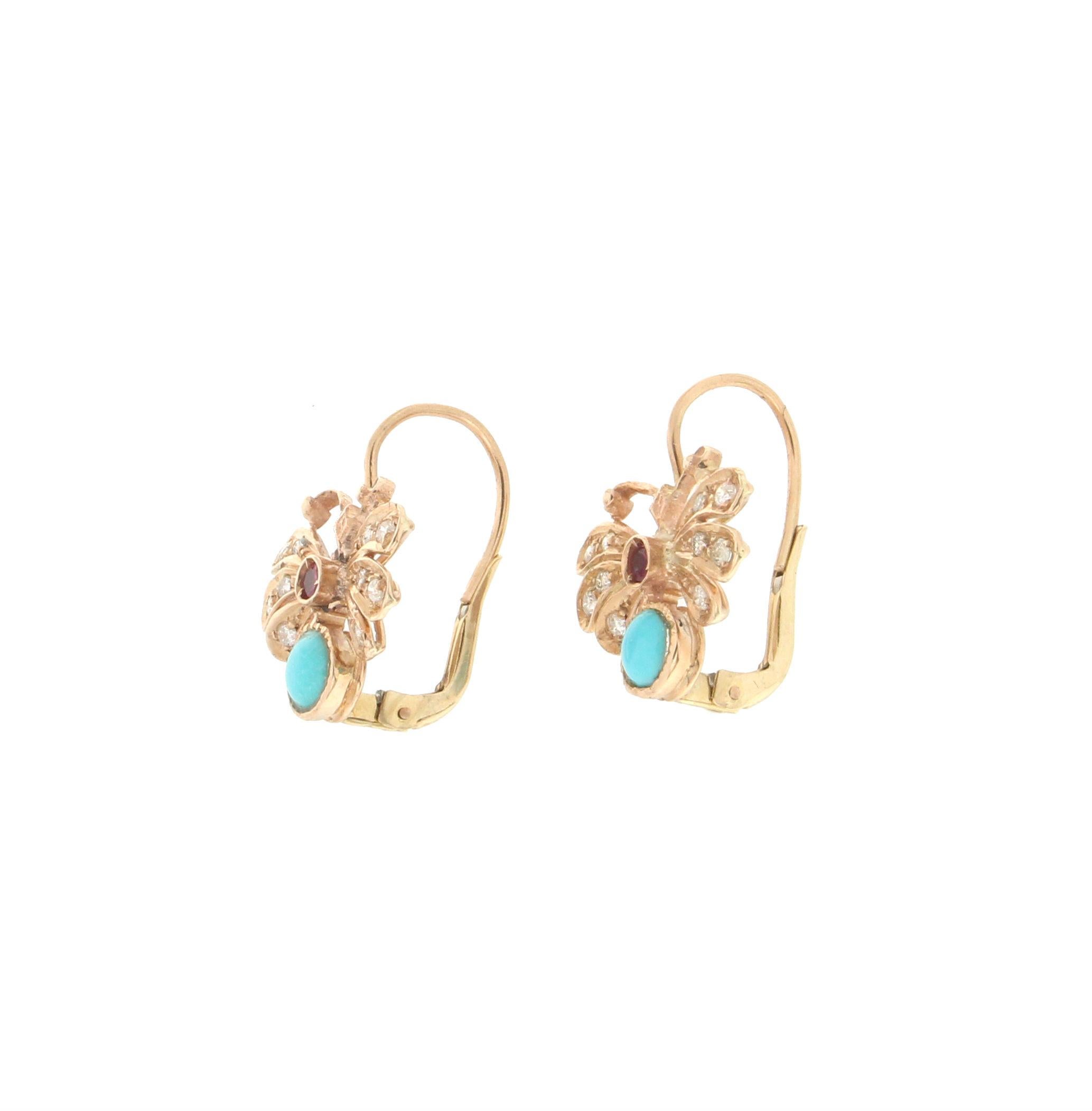 Mixed Cut Handcraft Butterfly 14 Karat Yellow Gold Diamonds Ruby Turquoise Dangle Earrings For Sale