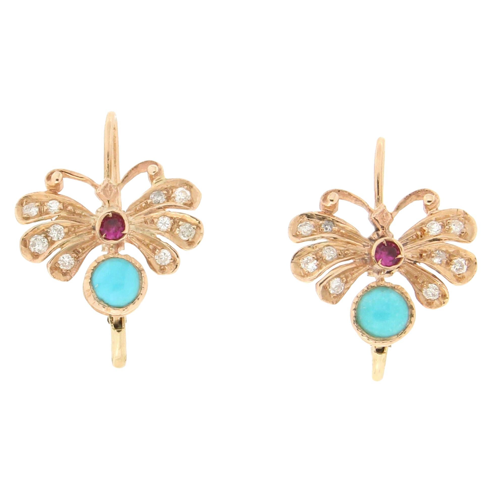 Handcraft Butterfly 14 Karat Yellow Gold Diamonds Ruby Turquoise Dangle Earrings For Sale