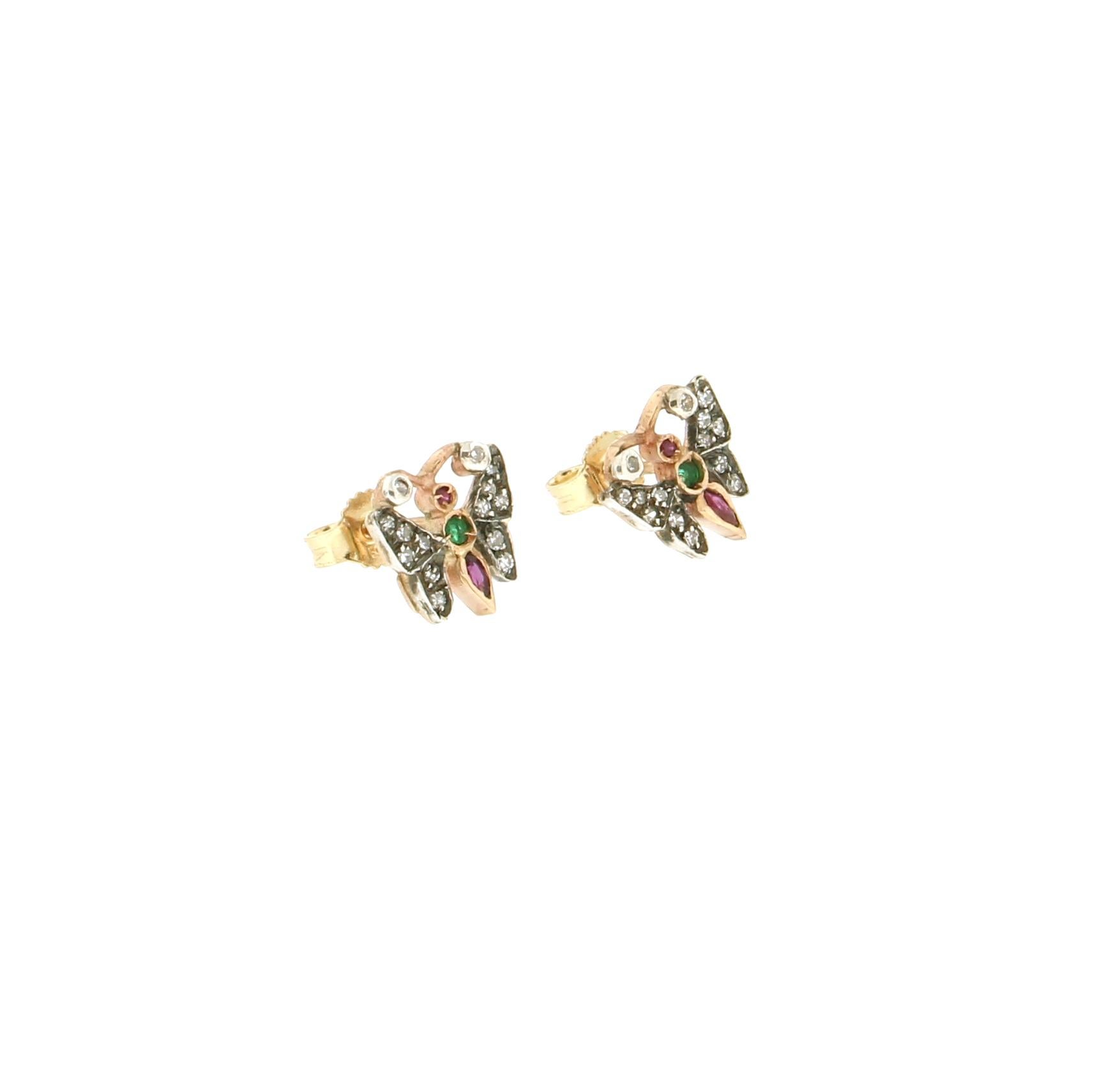 Rose Cut Handcraft Butterfly 14 Karat Yellow Gold Diamonds Stud Earrings For Sale