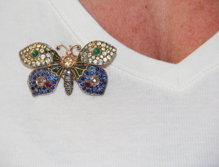 Handcraft Butterfly 14 Karat Yellow Gold Sapphires Ruby Emeralds Diamonds Brooch For Sale 5