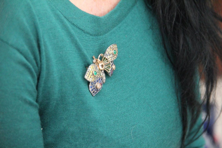 Handcraft Butterfly 14 Karat Yellow Gold Sapphires Ruby Emeralds Diamonds Brooch For Sale 7