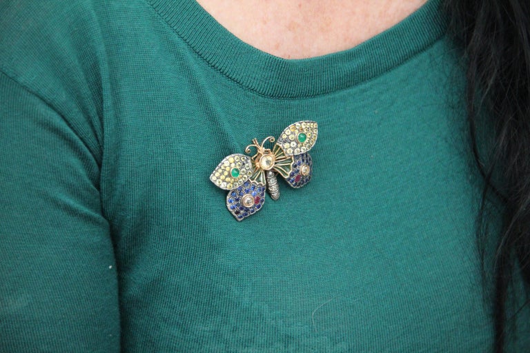 Handcraft Butterfly 14 Karat Yellow Gold Sapphires Ruby Emeralds Diamonds Brooch For Sale 9