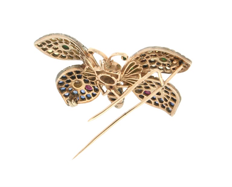 Artisan Handcraft Butterfly 14 Karat Yellow Gold Sapphires Ruby Emeralds Diamonds Brooch For Sale