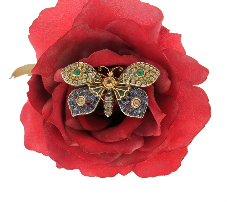 Round Cut Handcraft Butterfly 14 Karat Yellow Gold Sapphires Ruby Emeralds Diamonds Brooch For Sale
