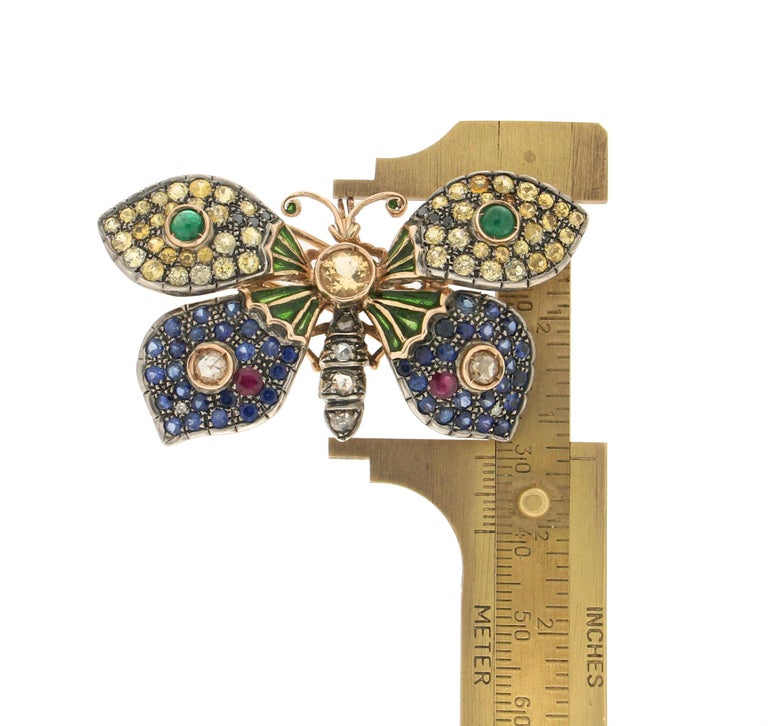 Women's or Men's Handcraft Butterfly 14 Karat Yellow Gold Sapphires Ruby Emeralds Diamonds Brooch For Sale
