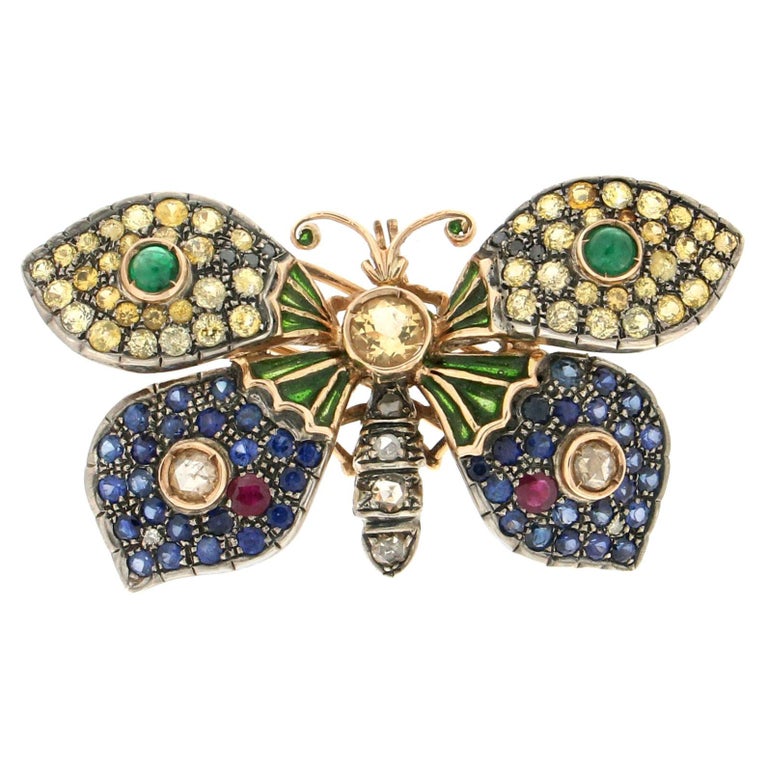 Handcraft Butterfly 14 Karat Yellow Gold Sapphires Ruby Emeralds Diamonds Brooch For Sale