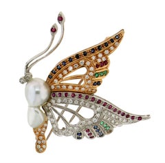 Handcraft Butterfly 18 Karat White and Yellow Gold Pearl Diamonds Brooch