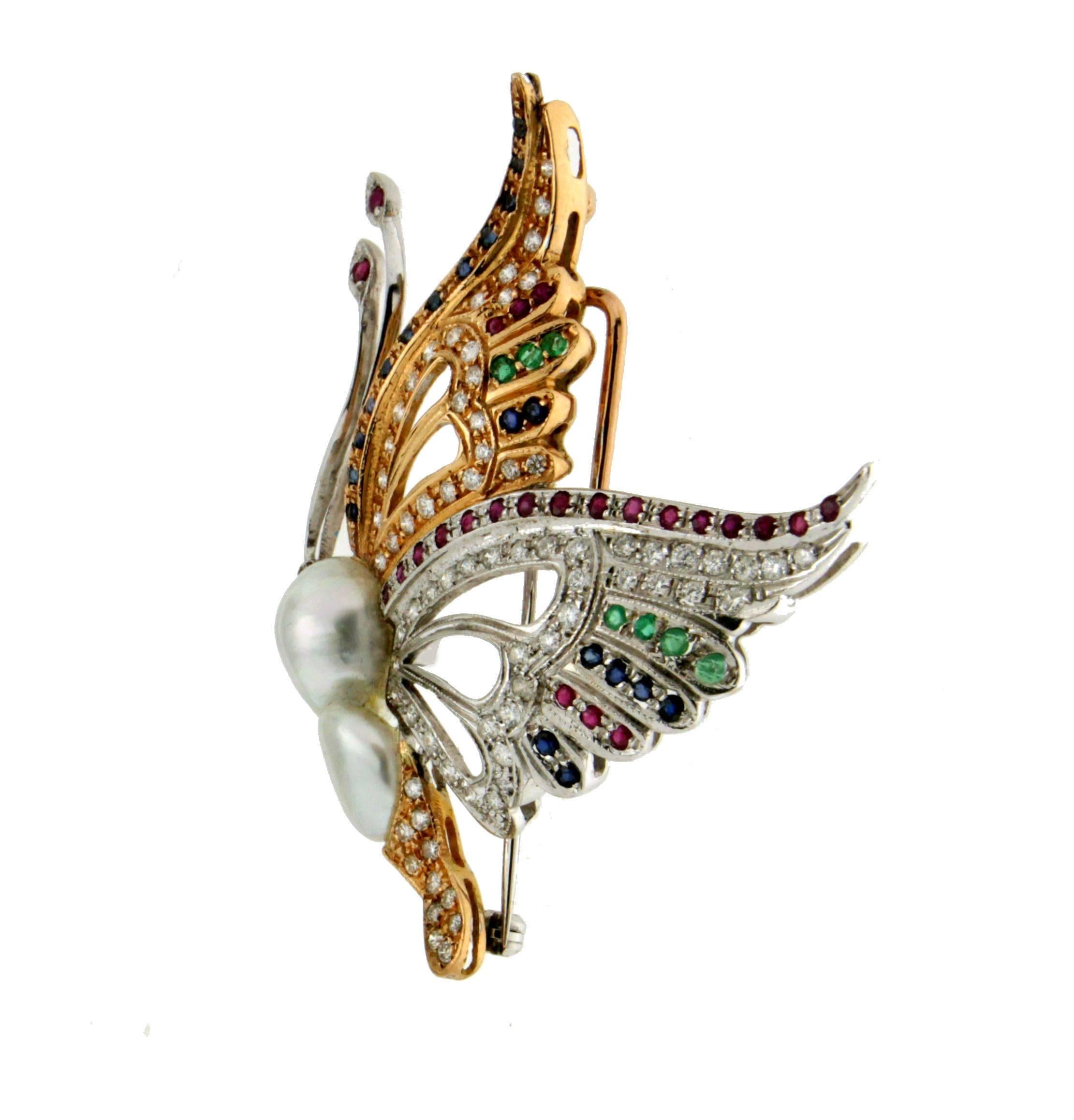 Handcraft Butterfly 18 Karat White and Yellow Gold Pearl Diamonds Brooch In New Condition In Marcianise, IT
