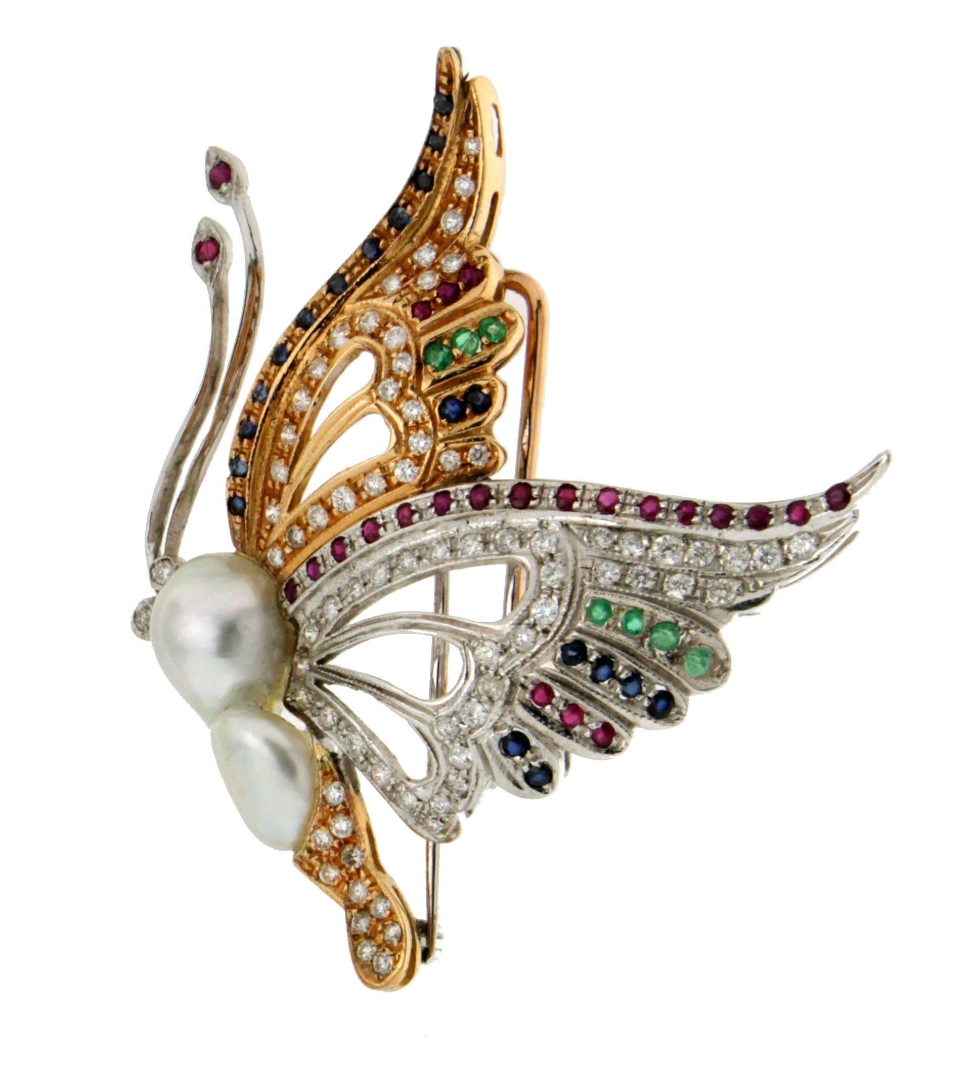 Women's Handcraft Butterfly 18 Karat White and Yellow Gold Pearl Diamonds Brooch