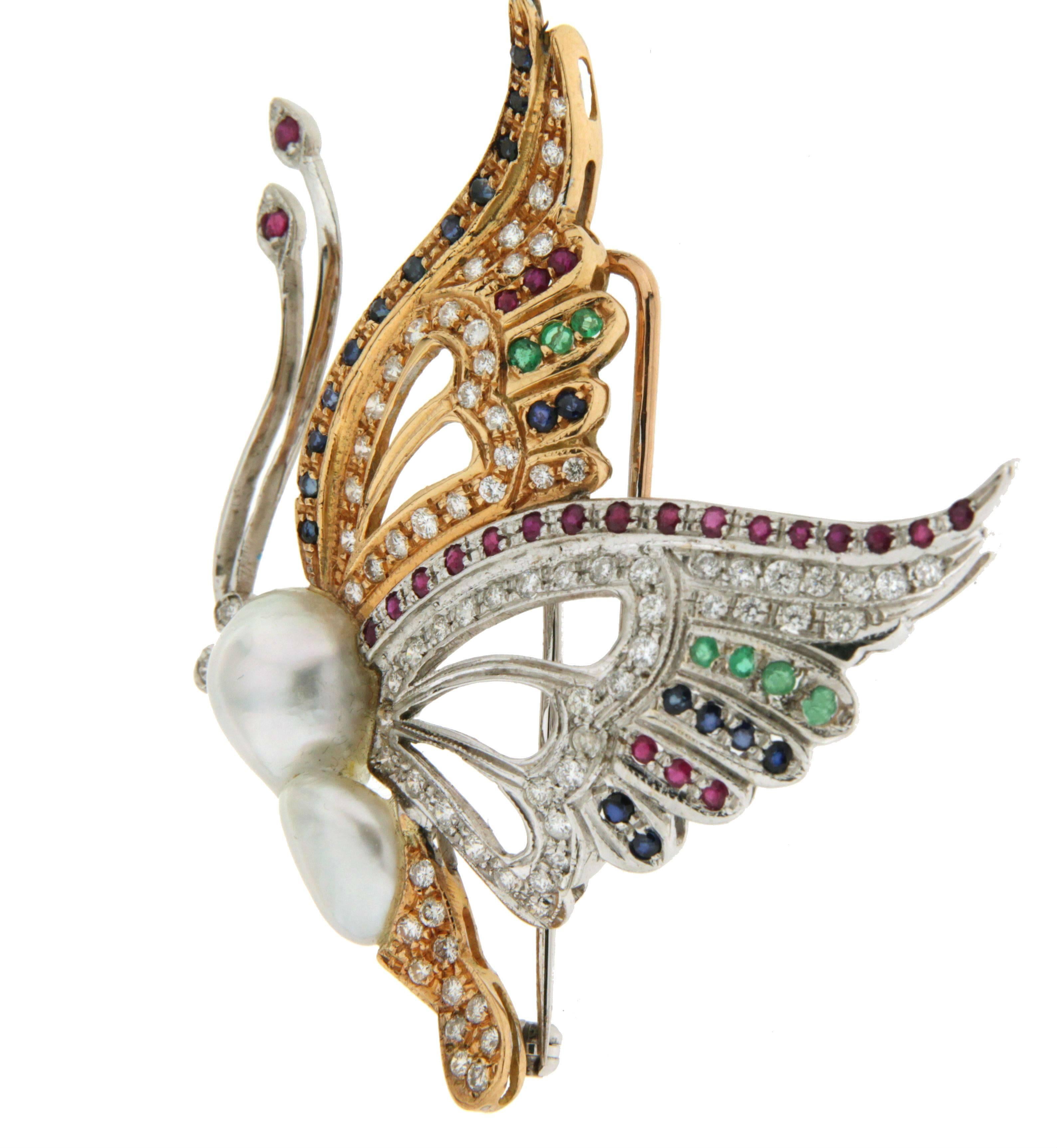 Handcraft Butterfly 18 Karat White and Yellow Gold Pearl Diamonds Brooch 1