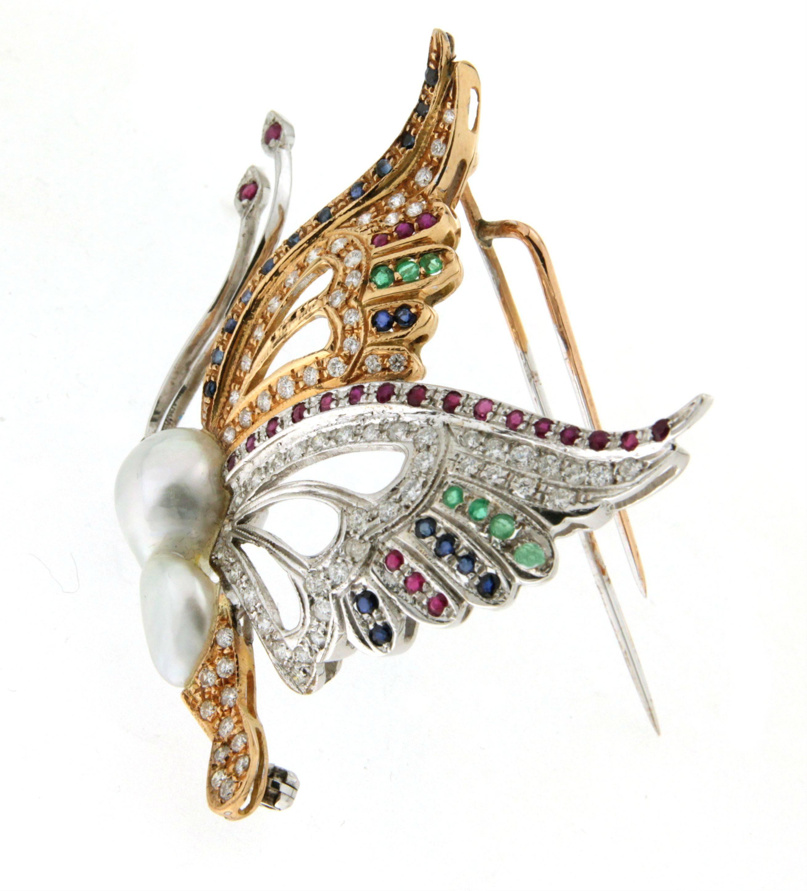 Handcraft Butterfly 18 Karat White and Yellow Gold Pearl Diamonds Brooch 2