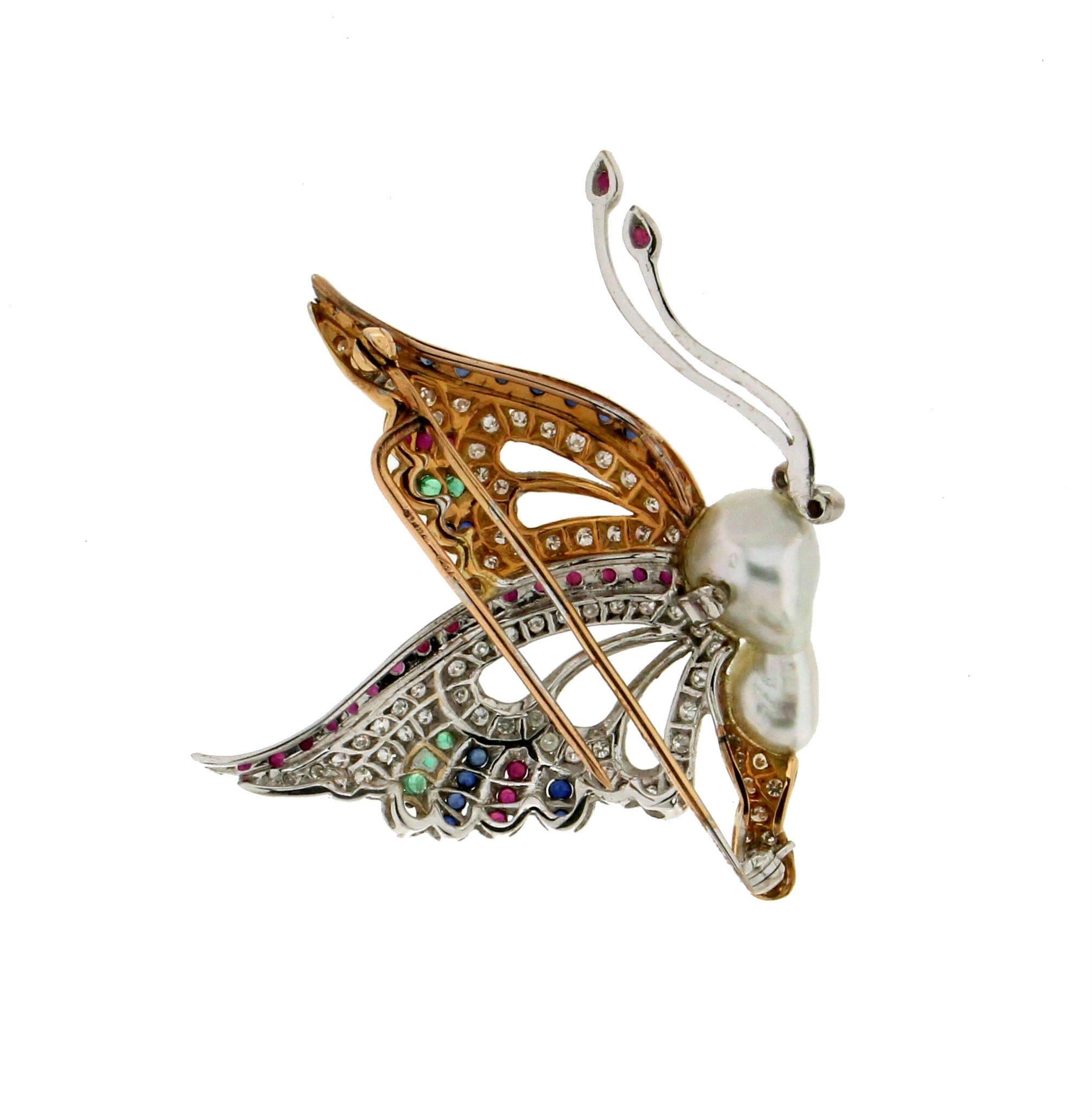 Handcraft Butterfly 18 Karat White and Yellow Gold Pearl Diamonds Brooch 3