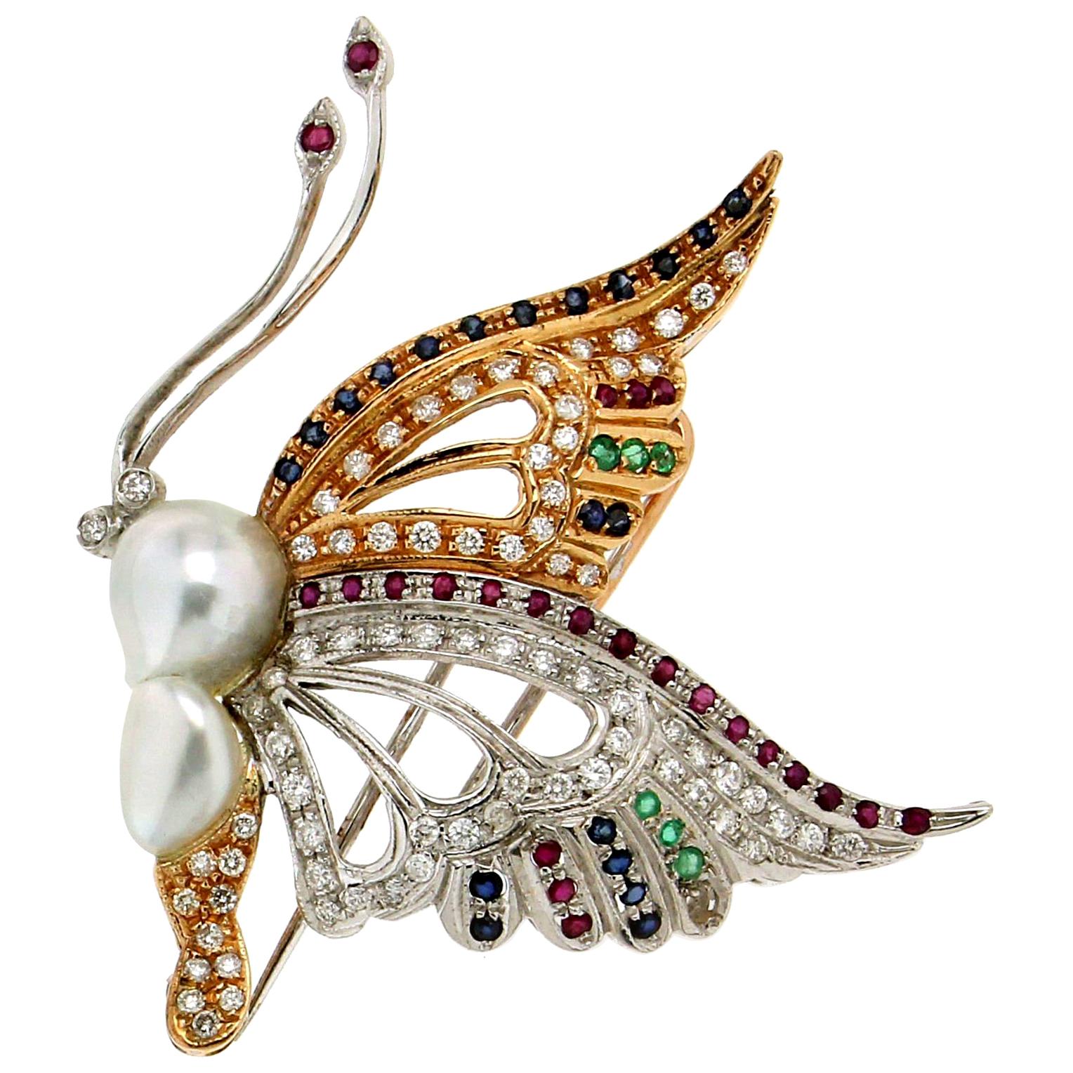 Handcraft Butterfly 18 Karat White and Yellow Gold Pearl Diamonds Brooch