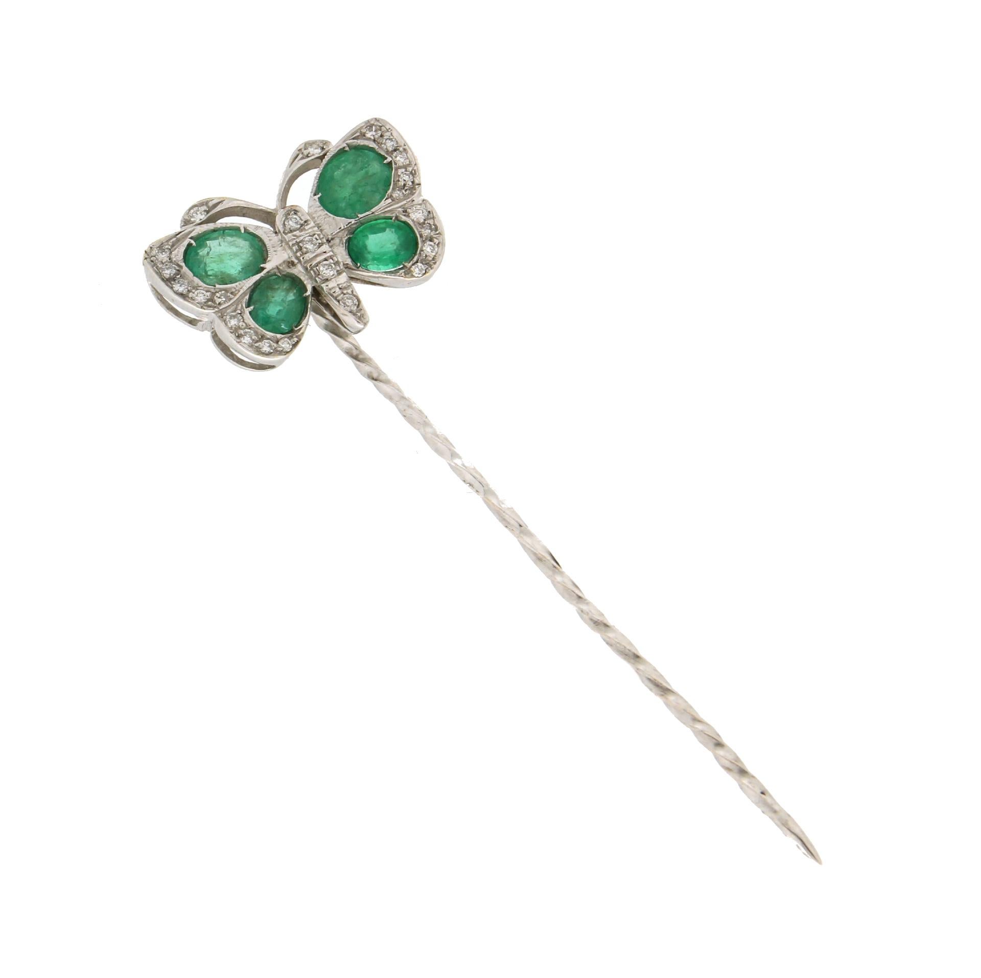 Artisan Handcraft Butterfly 18 Karat White Gold Diamonds Emeralds Brooch For Sale