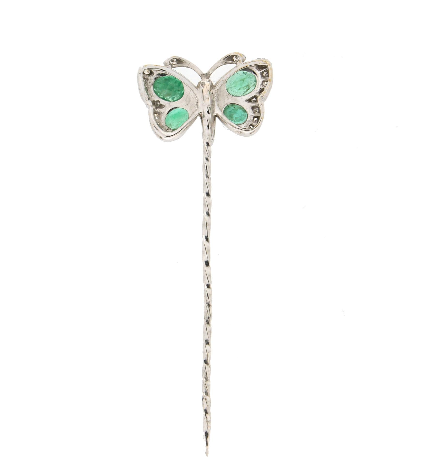 Brilliant Cut Handcraft Butterfly 18 Karat White Gold Diamonds Emeralds Brooch For Sale