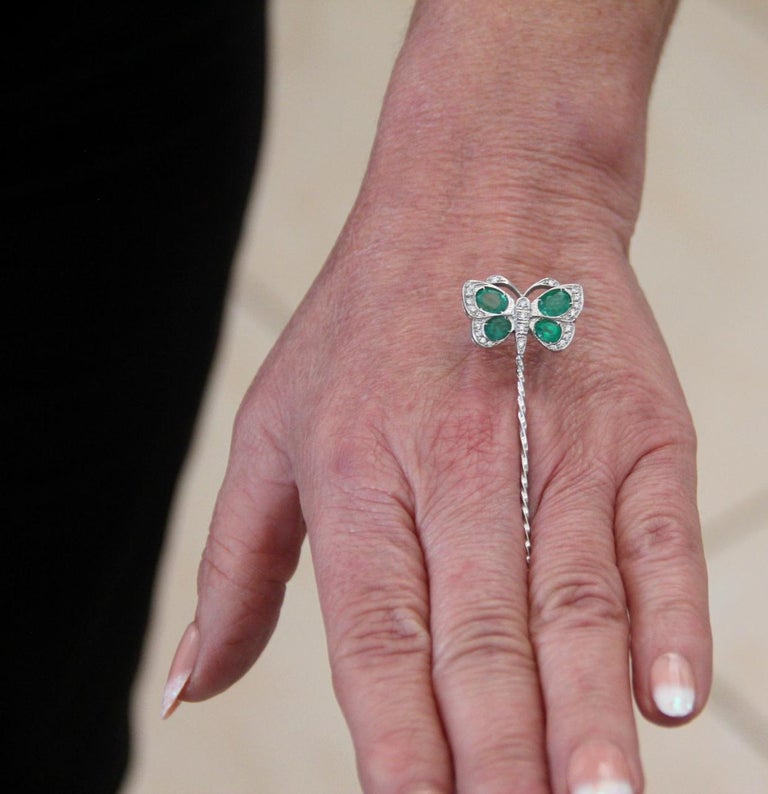 Women's or Men's Handcraft Butterfly 18 Karat White Gold Diamonds Emeralds Brooch For Sale