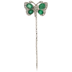 Handcraft Butterfly 18 Karat White Gold Diamonds Emeralds Brooch