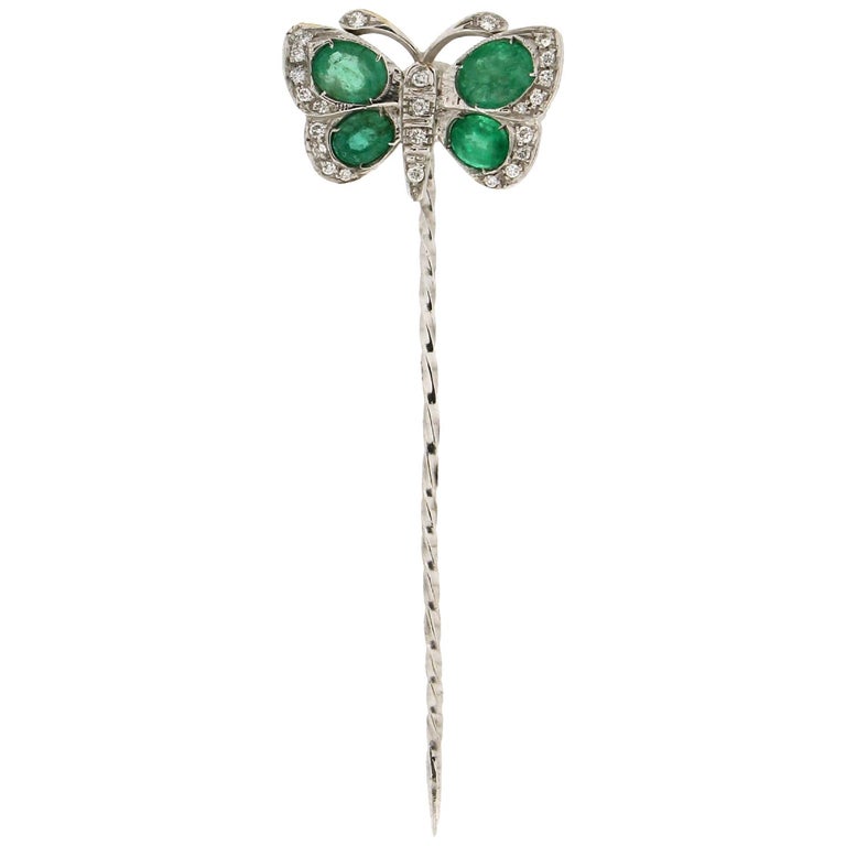 Handcraft Butterfly 18 Karat White Gold Diamonds Emeralds Brooch For Sale