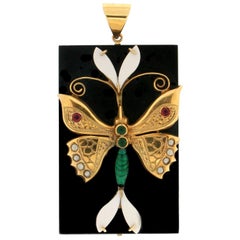Handcraft Butterfly 18 Karat Yellow Gold Emerald Onyx Ruby Pendant Necklace