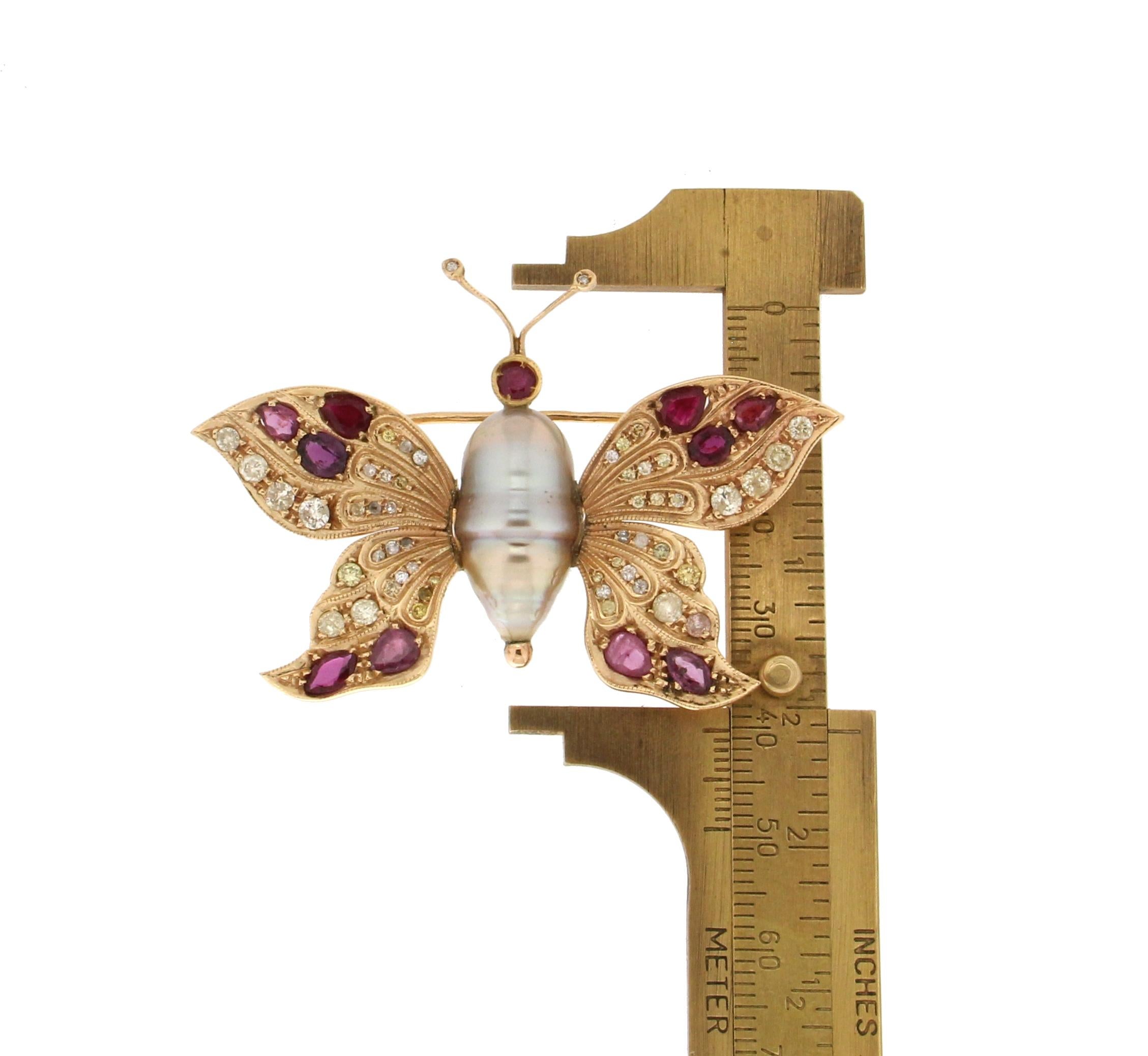 Artisan Handcraft Butterfly 18 Karat Yellow Gold Ruby Pearl Diamonds Brooch For Sale