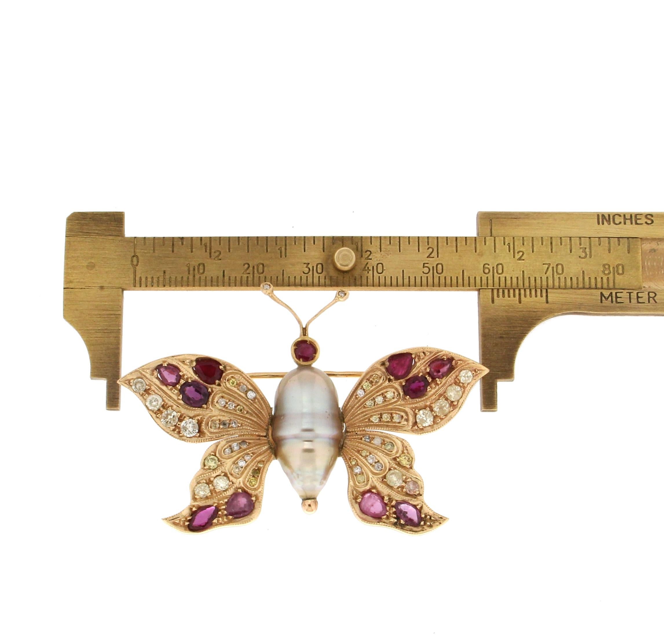 Brilliant Cut Handcraft Butterfly 18 Karat Yellow Gold Ruby Pearl Diamonds Brooch For Sale