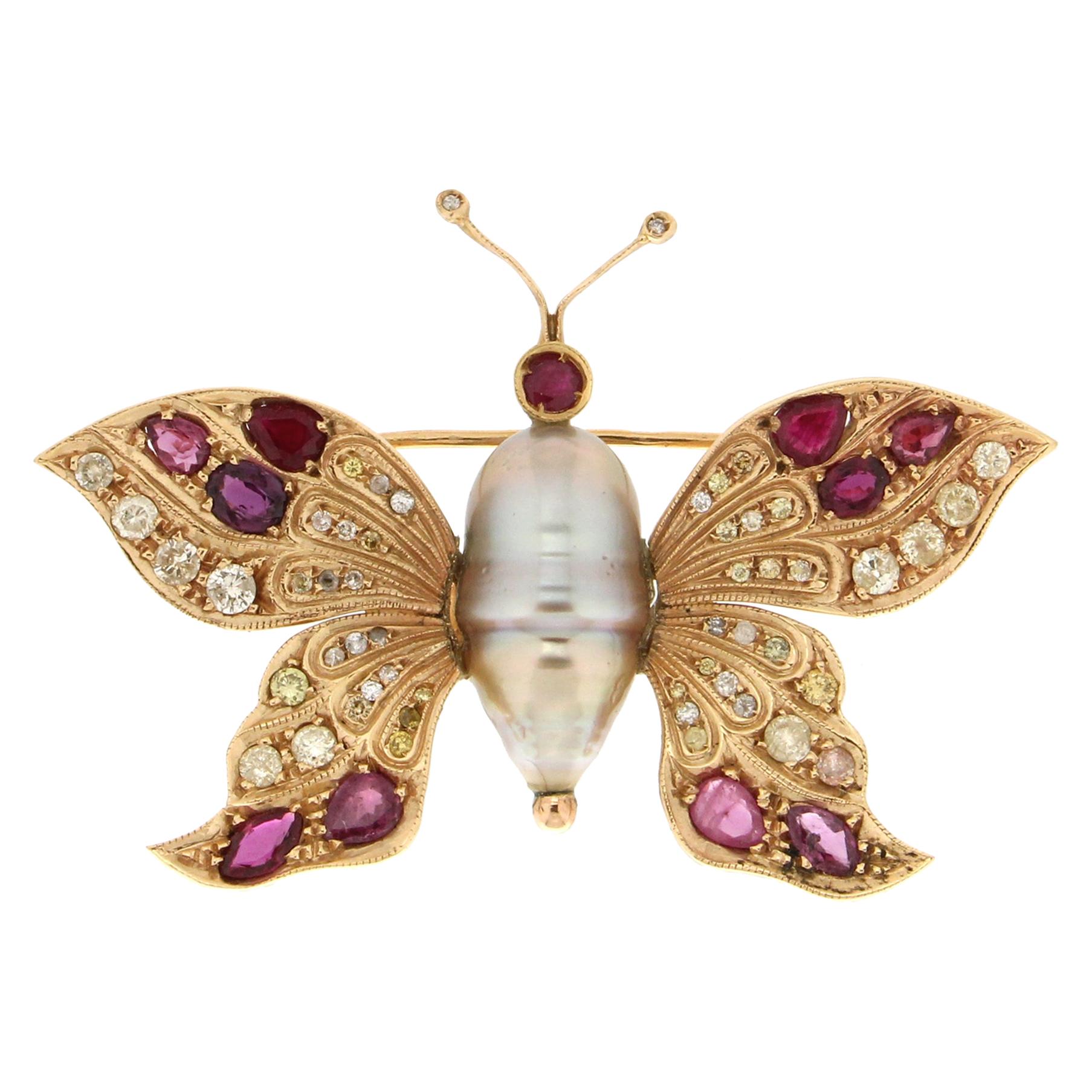 Handcraft Butterfly 18 Karat Yellow Gold Ruby Pearl Diamonds Brooch