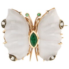 Handcraft Butterfly Chalcedony 14 Karat Yellow Gold Diamonds Emeralds Brooch
