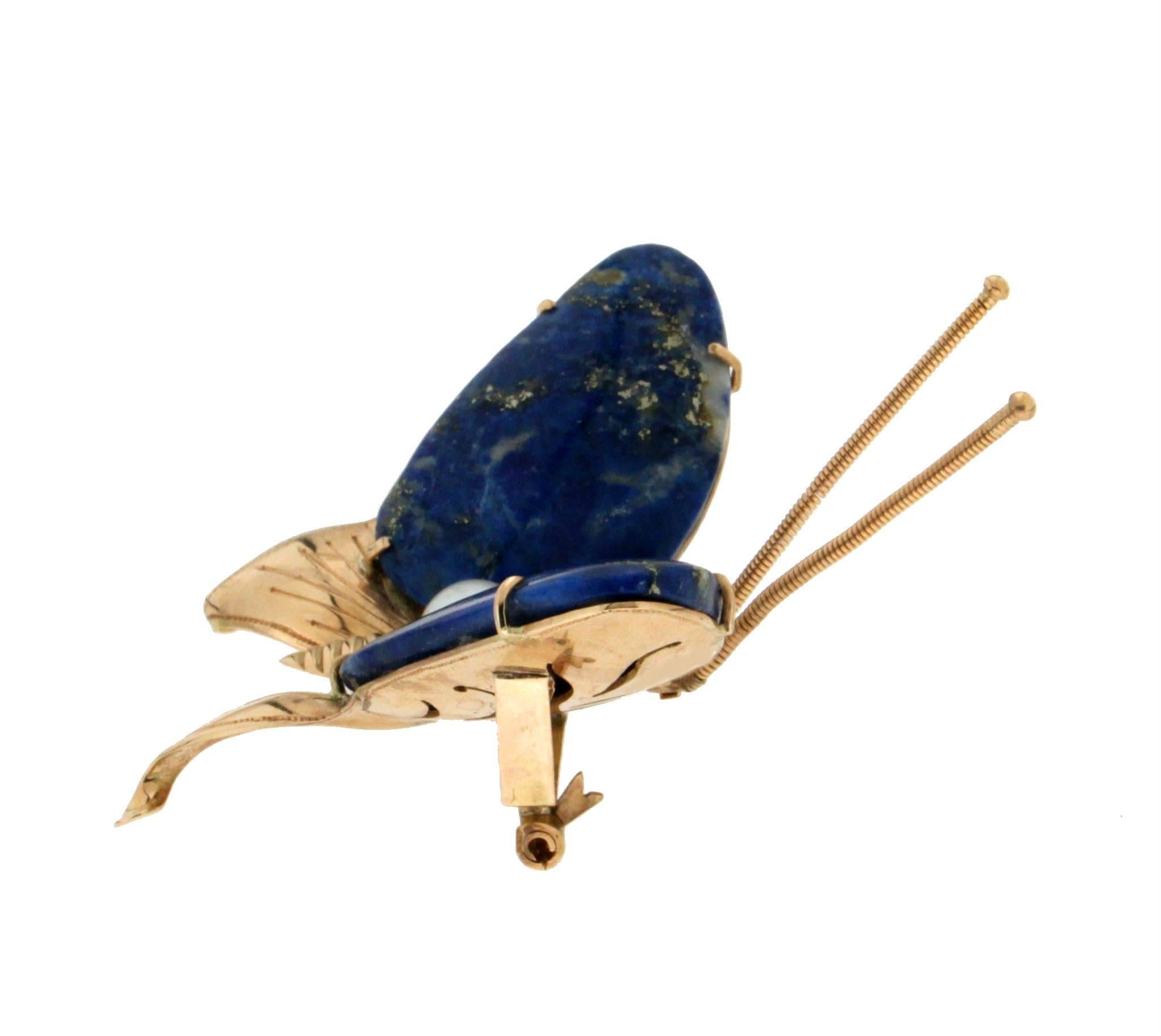 Artisan Handcraft Butterfly Lapis 14 Karat Yellow Gold Ruby Pearls Brooch For Sale
