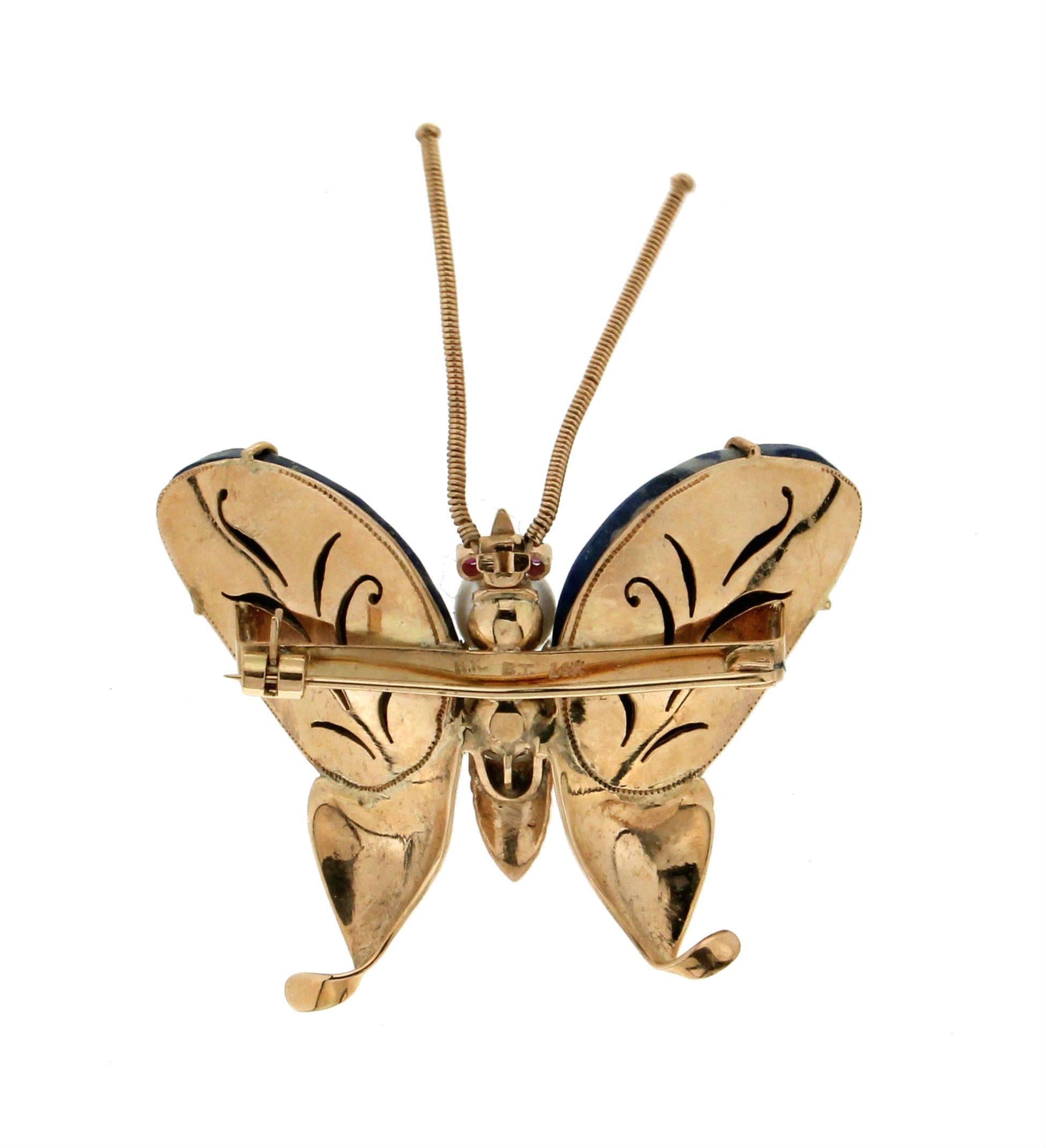 Round Cut Handcraft Butterfly Lapis 14 Karat Yellow Gold Ruby Pearls Brooch For Sale