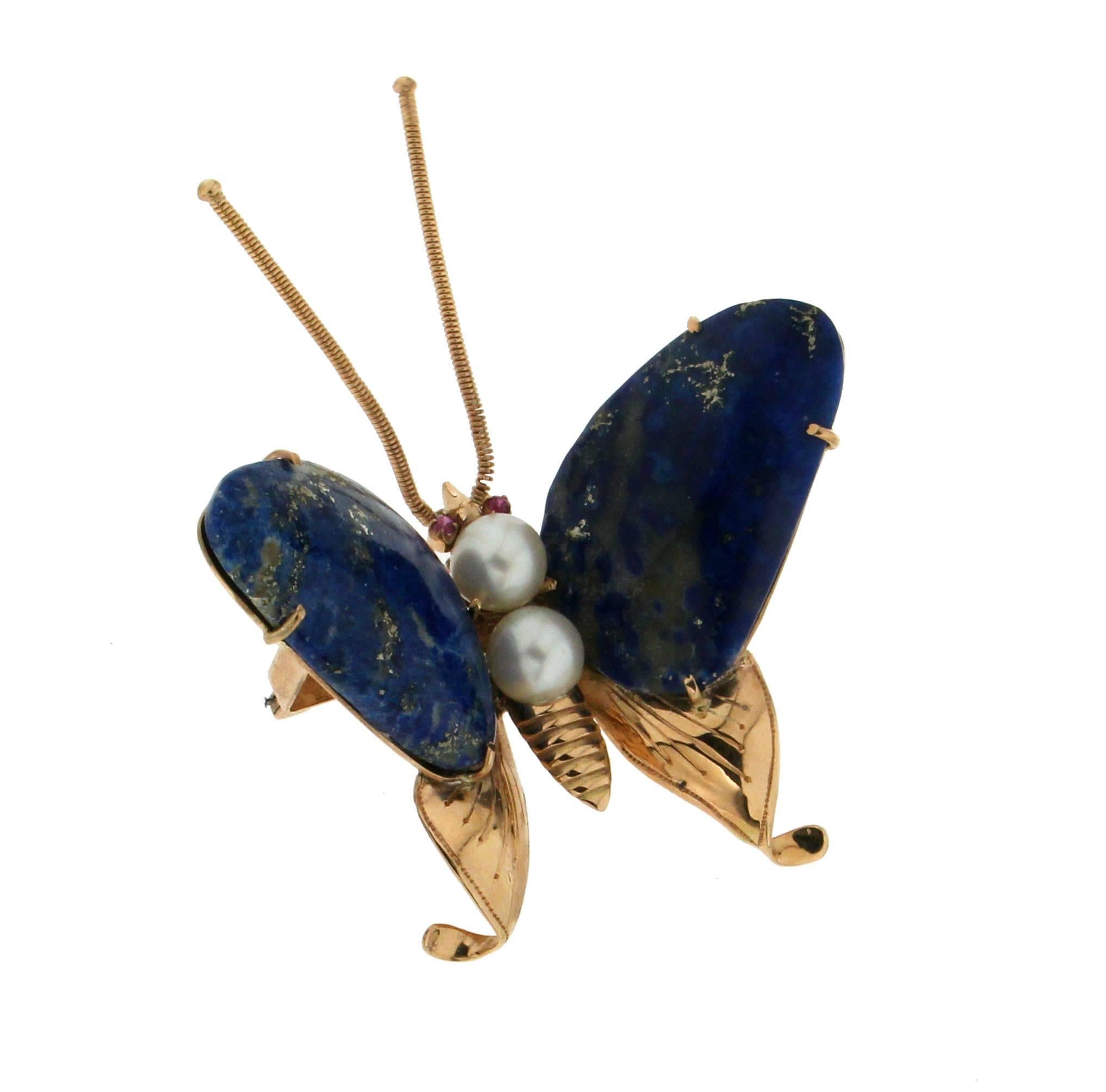 Handcraft Butterfly Lapis 14 Karat Yellow Gold Ruby Pearls Brooch In New Condition For Sale In Marcianise, IT