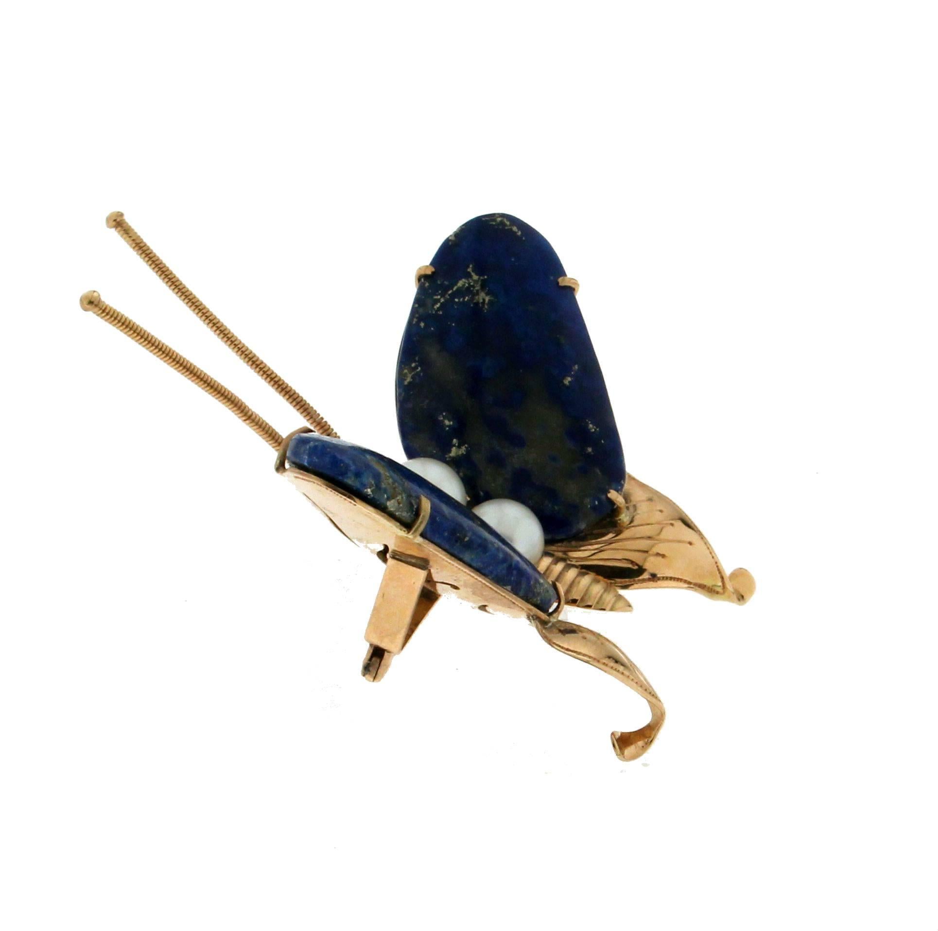 Women's or Men's Handcraft Butterfly Lapis 14 Karat Yellow Gold Ruby Pearls Brooch For Sale