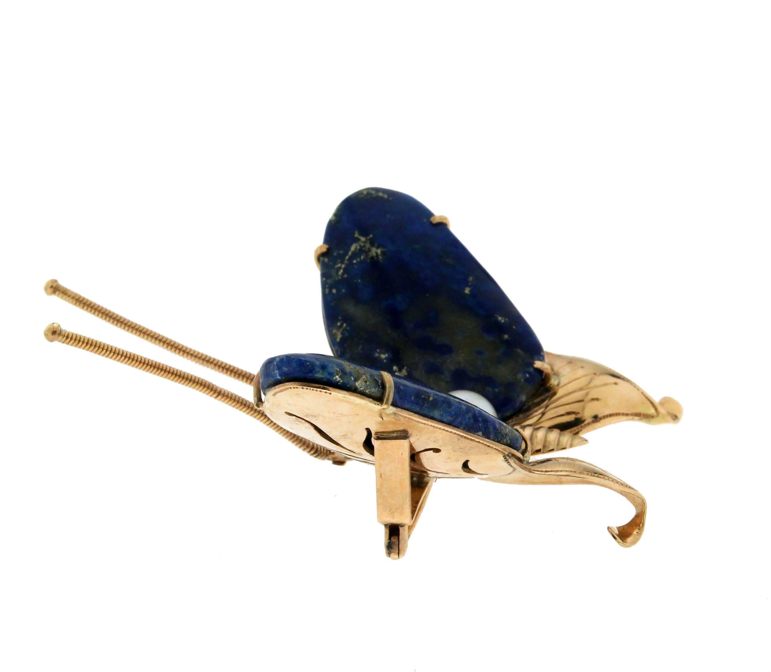Handcraft Butterfly Lapis 14 Karat Yellow Gold Ruby Pearls Brooch For Sale 1