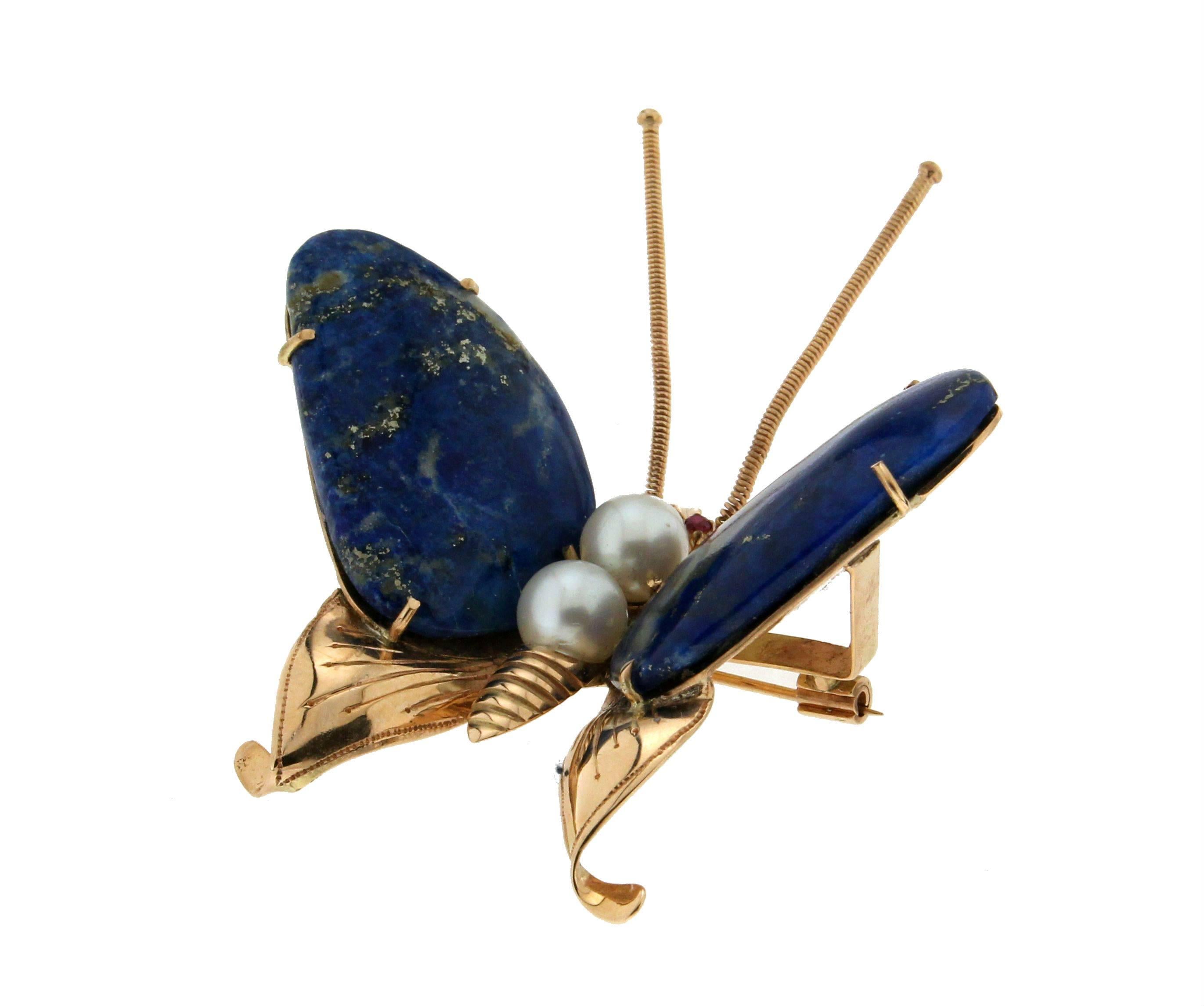Handcraft Butterfly Lapis 14 Karat Yellow Gold Ruby Pearls Brooch For Sale 2