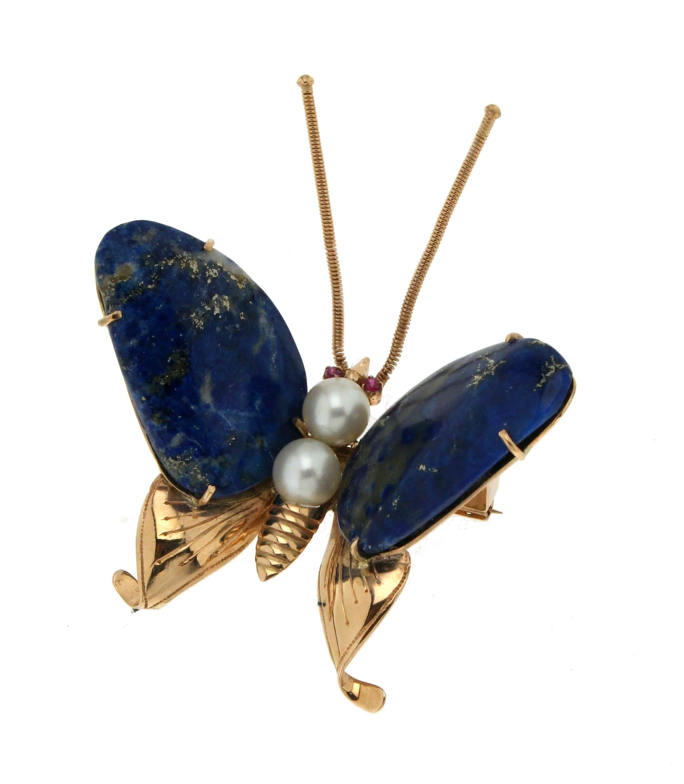 Handcraft Butterfly Lapis 14 Karat Yellow Gold Ruby Pearls Brooch For Sale 3