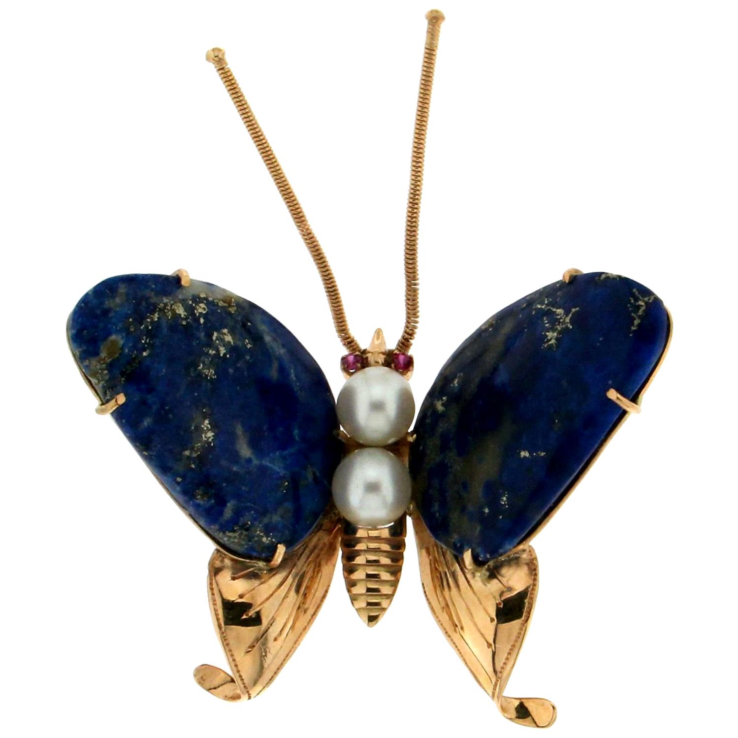 Handcraft Butterfly Lapis 14 Karat Yellow Gold Ruby Pearls Brooch