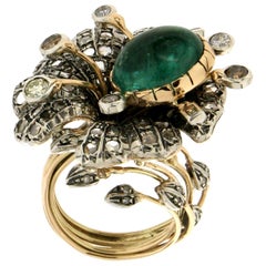 Handcraft Cabochon Emerald 14 Karat Yellow Gold Diamonds Cocktail Ring